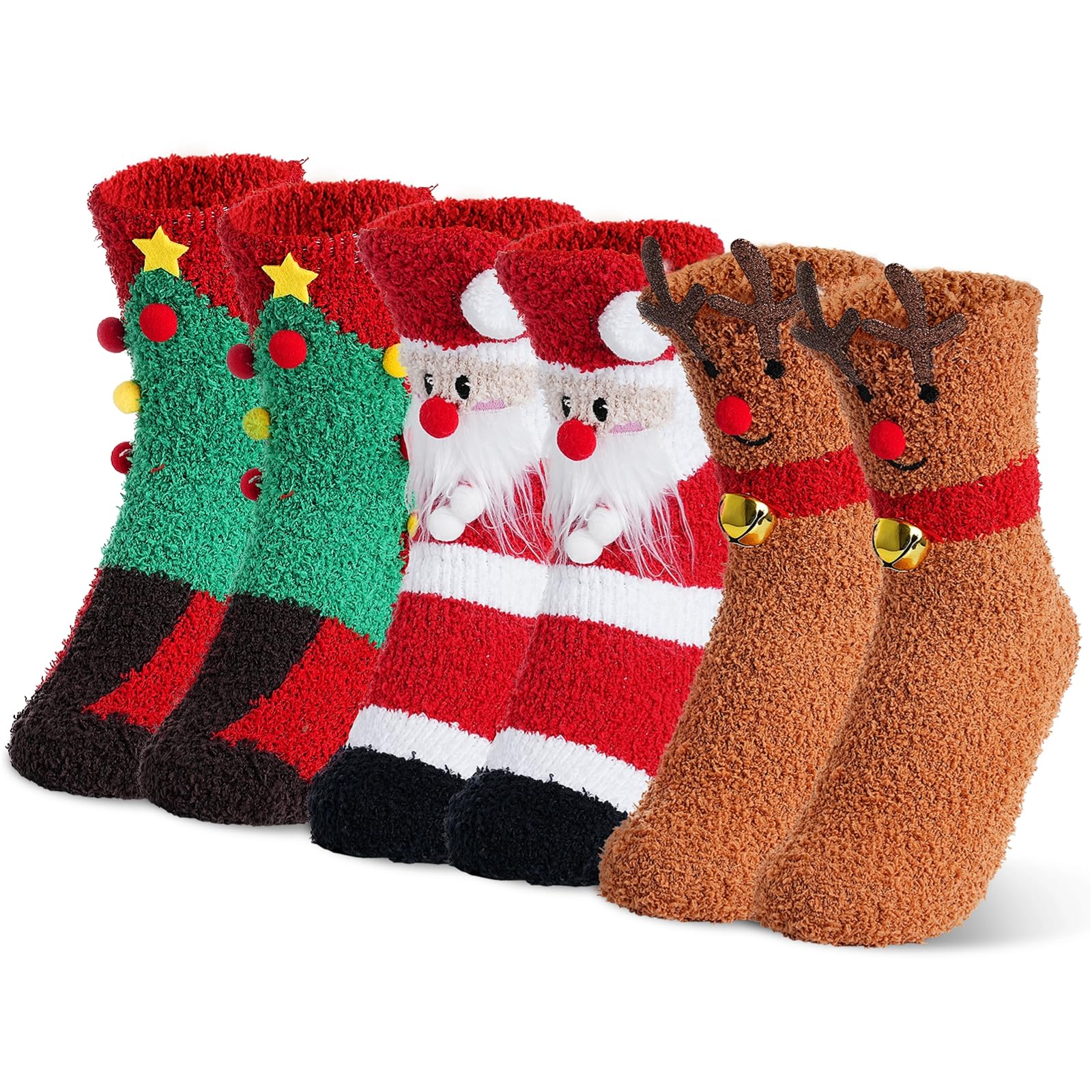 Itoyx Women's Multicolor Christmas Fuzzy Socks, 3 Pairs Christmas Slipper Socks For Colorful Santa Claus Elk Christmas Tree Cozy Socks, Non-Slip Indoor Soft Fleece Socks For Winter