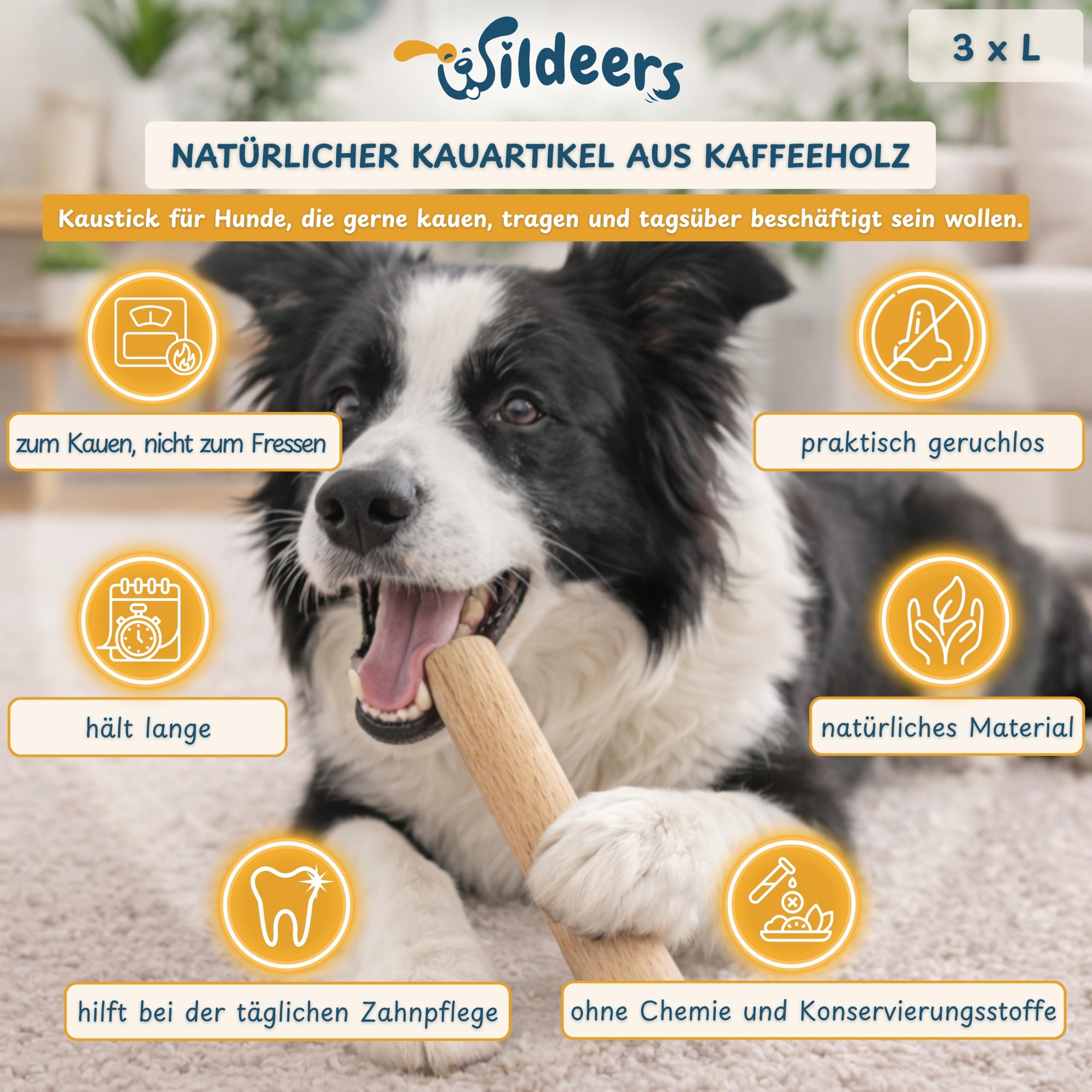 Wildeers Kaffeeholz für Hunde bis 15 kg, 3 Stück je 16-20 cm, Größe L