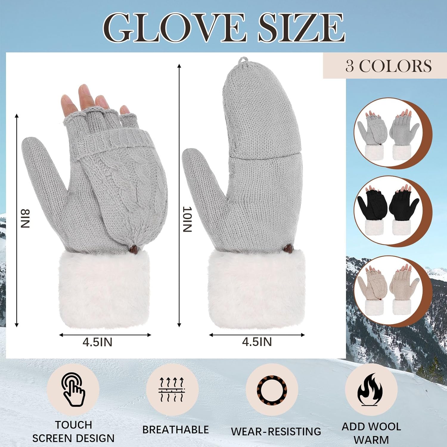 Geyoga 3 Pairs Winter Knitted Fingerless Gloves Mittens for Women, Thick Warm Thermal Touch Screen Mittens with Imitation Rabbit Fur Lining, Convertible Flap Half Finger Gloves for Adult - Image 2