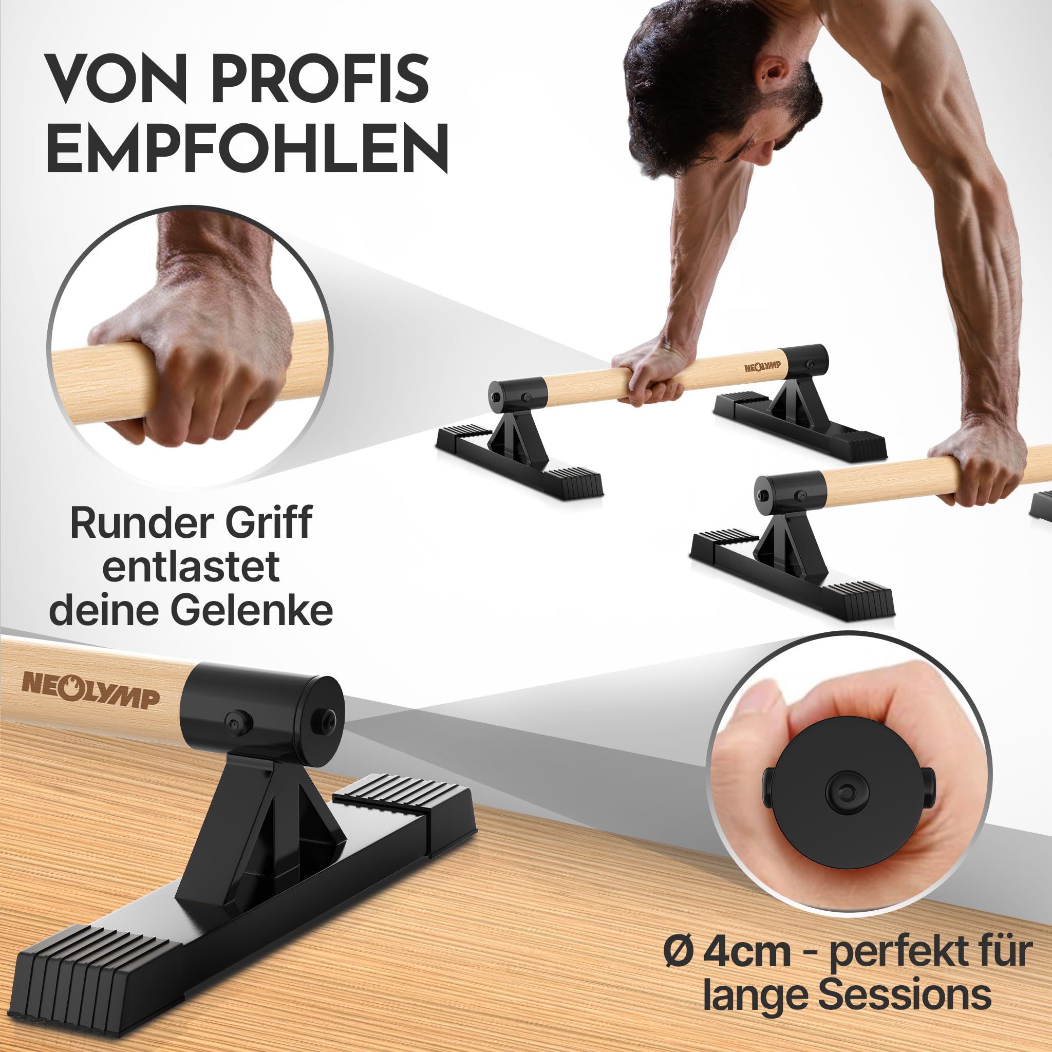 NEOLYMP 2er Set handgelenkschonende Holz Liegestützgriffe mit Calisthenics-Übungen - handgefertigten Parallettes, Push up Bar, Handstand Griffe, Dip Barren, Calisthenics-Equipment