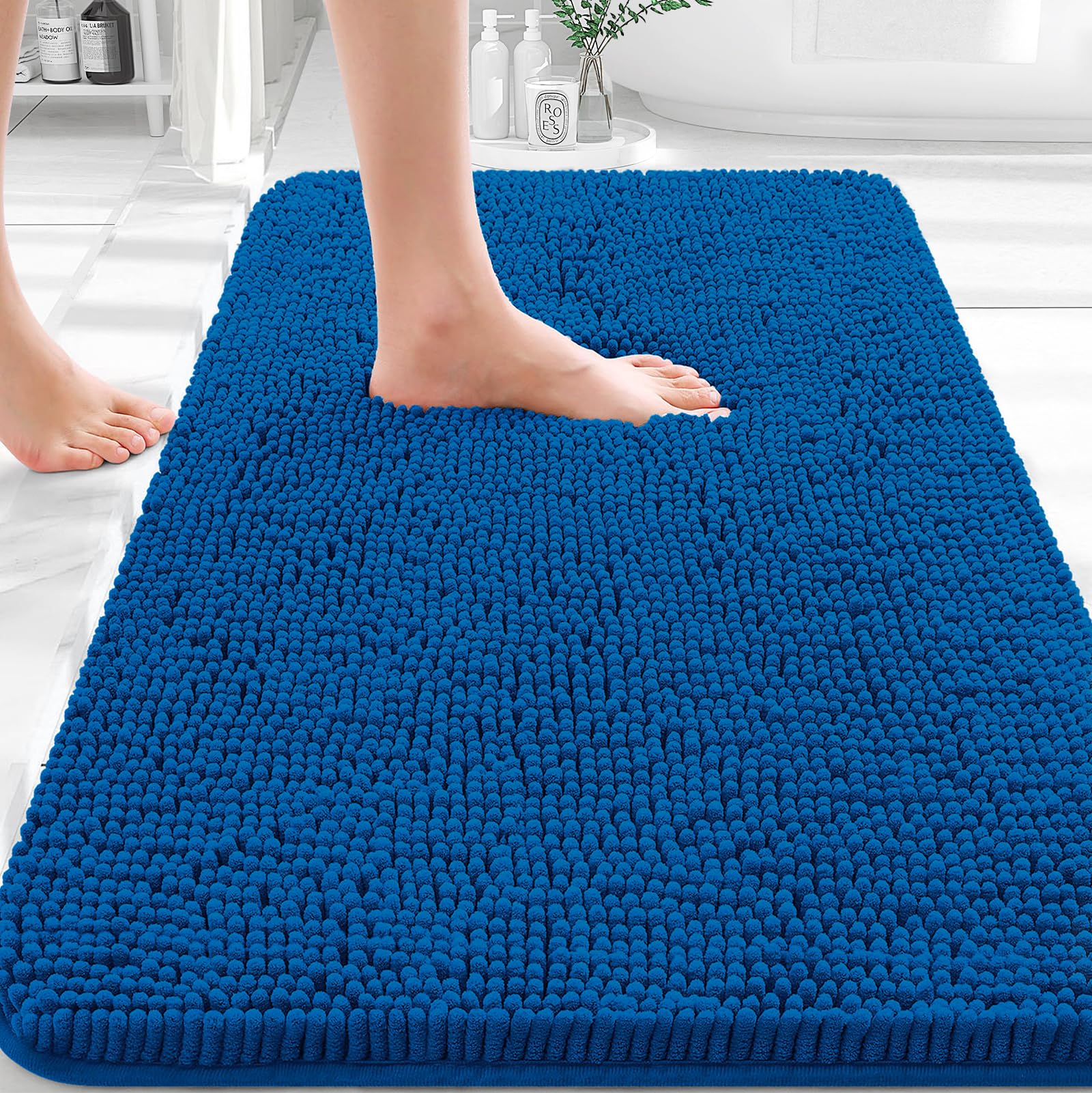 OLANLY Bathroom Rugs 36x24, Extra Soft Absorbent Chenille Bath Rugs | Deep Navy Blue, Quick-Drying Rubber Backing, Washable Bath Mat for Bathroom Floor, Tub and Shower, Home Decor Accessories