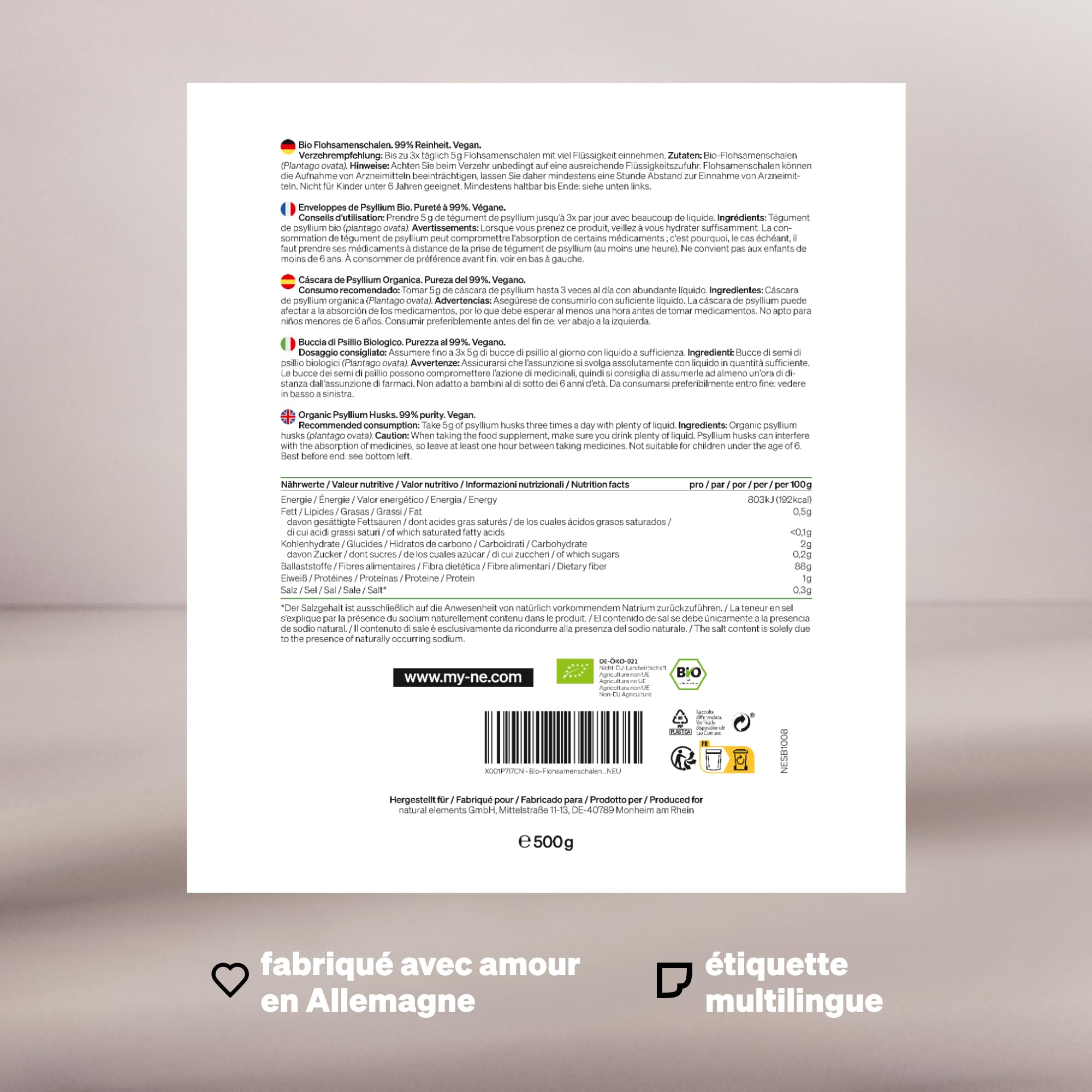 Tégument de Psyllium Bio – sachet de 500 g – pureté à 99%, certifié bio, végane – low-carb, riche en fibres, sans gluten – sans additifs inutiles, qualité testée en laboratoire