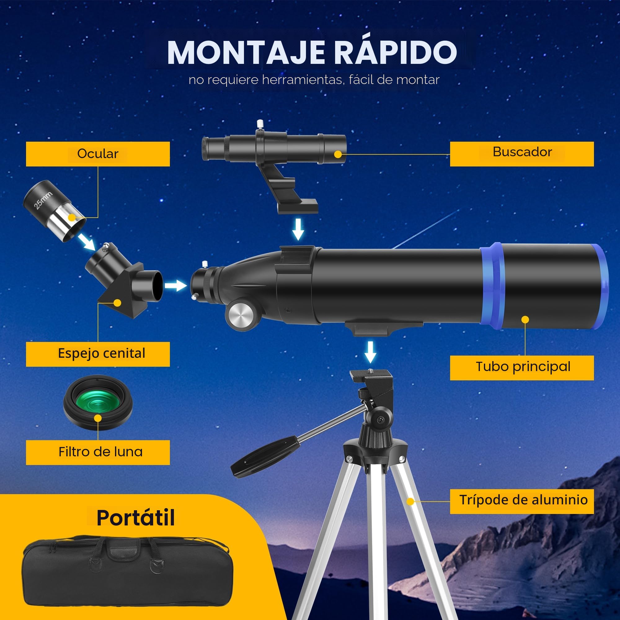 Telescopio para astronomía para Adultos y niños Principiantes, 180x, telescopio Refractor astronómico Profesional 80mm de apertura/600mm, telescopio portátil de Viaje para observación terrestre&Lunar