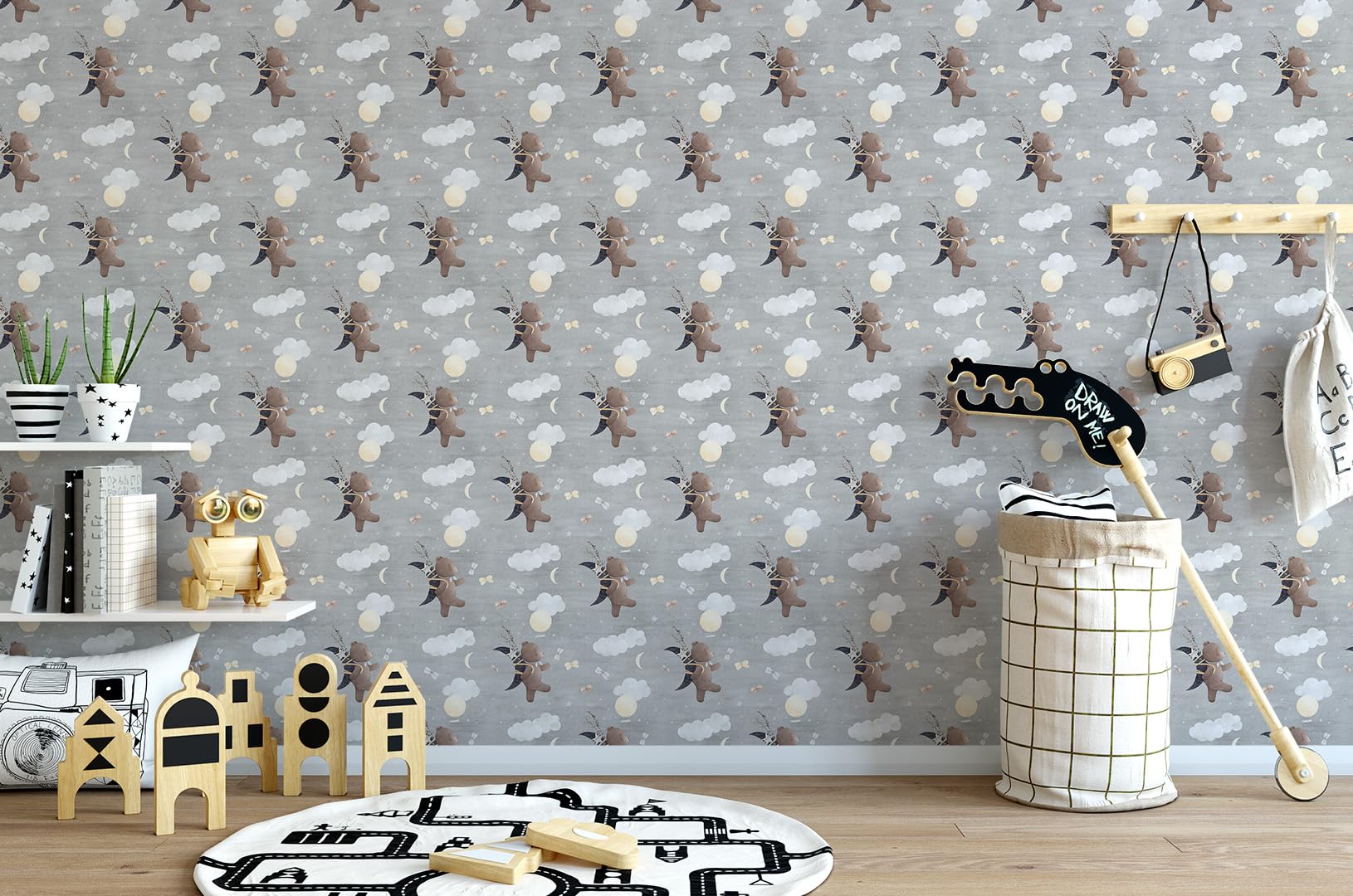 Selbstklebende Tapete Möbelfolie fliegender Teddybär Wolken Mond Sterne | fliegender Teddybär Wolken Mond Sterne Ballons Muster grau Töne traumhaftes Himmel Wanddesign für Kinderzimmer Babyzimmer