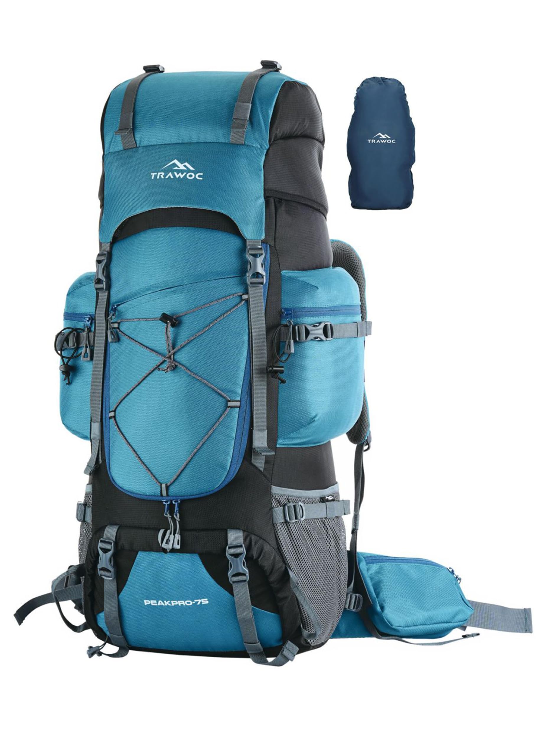 TRAWOC Peakpro 75 Liter Travel Blue Backpack For Hiking Trekking Bag Camping Rucksack With Laptop Compartment/Rain Cover/Shoe Compartment Bhk002, 3 Year Warranty, Shamrock