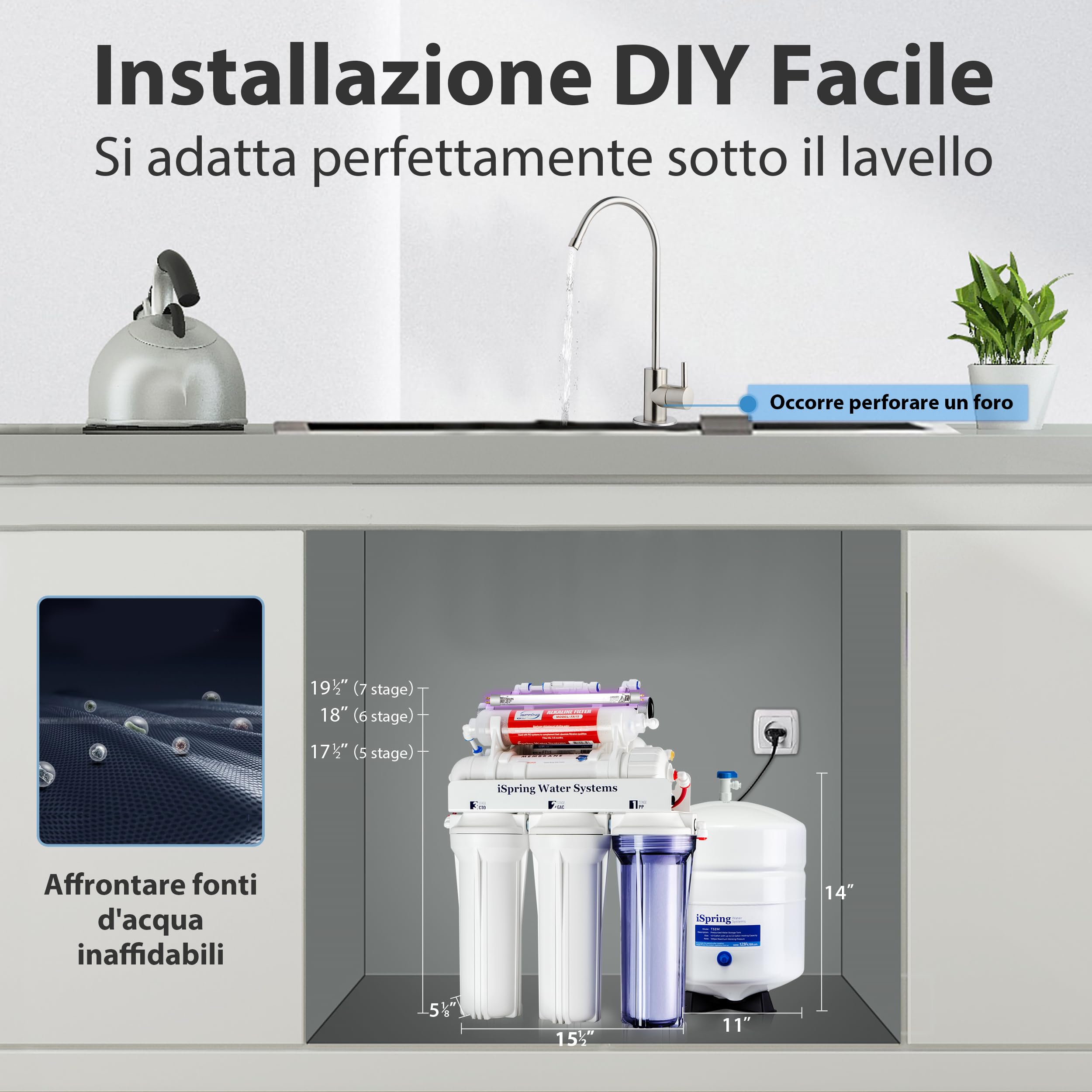 iSpring RCC7AK-UV Certificato NSF, 75GPD Sistema di Filtraggio dell'acqua Potabile a Osmosi Inversa a 7 Stadi Sotto Lavello con Filtro di Rimineralizzazione Alcalino e Filtro UV Ultravioletto