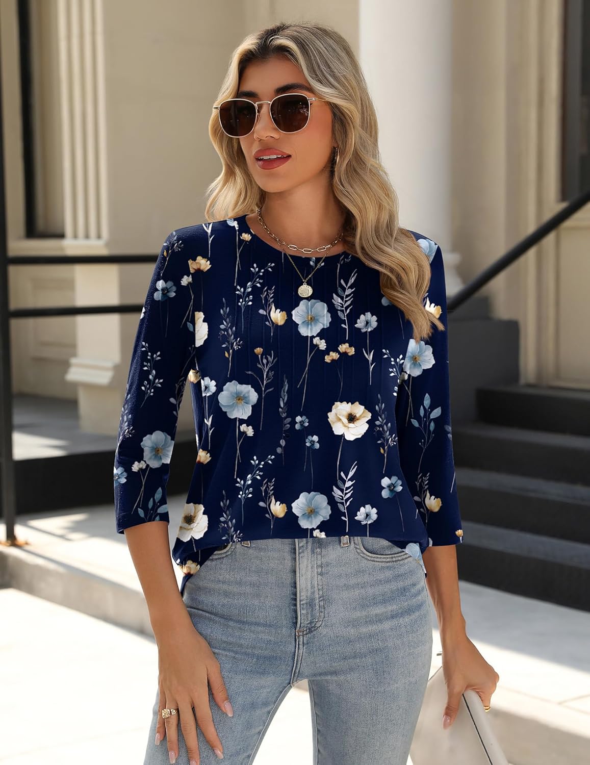 Zeagoo 3/4 Length Sleeve Womens Tops Crew Neck Loose Fit Shirts Pleated Cute Clothes Dressy Casual 2026 Summer Tunics - Image 2