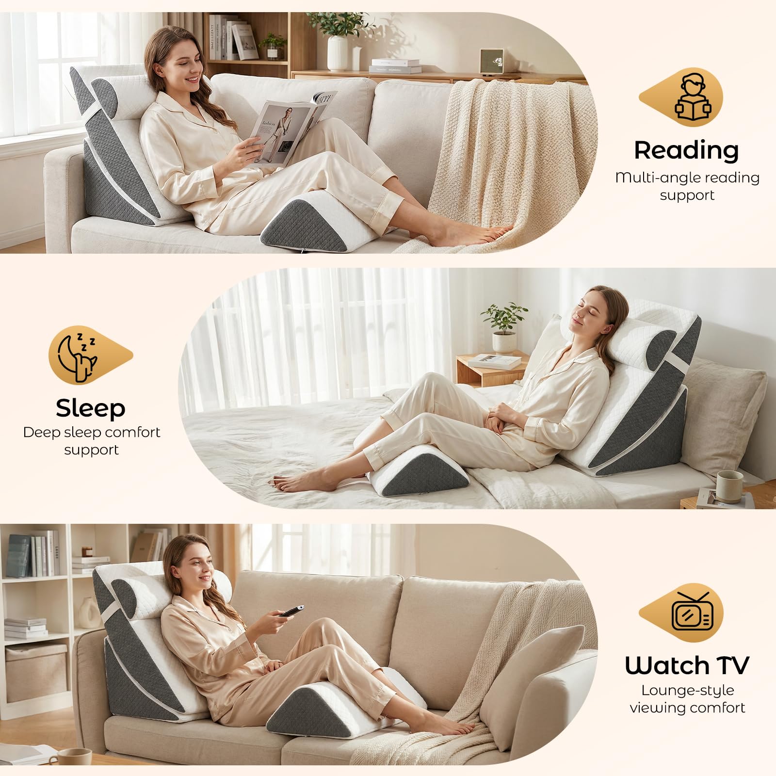 Set di 4 cuscini ortopedici a cuneo, 4 in 1, regolabili, in memory foam, cuscino triangolare regolabile per gambe in caso di apnea notturna e bruciore di stomaco, con rivestimento rimovibile e