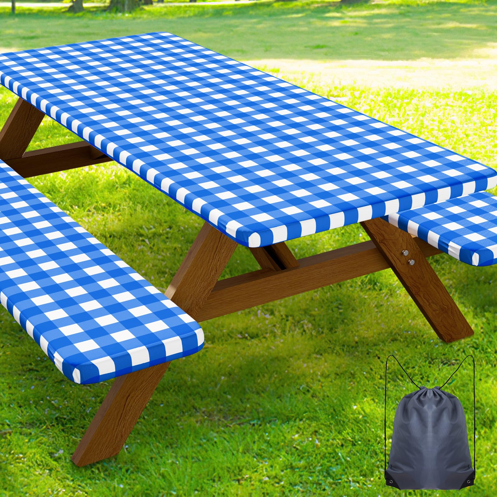 Smiry Picnic Table Cover with Bench Covers, Waterproof Elastic Fitted Tablecloths for 6 Foot Rectangle Tables, Washable Buffalo Plaid Tablecloth for Camping, Outdoor (Blue & White, 30"x72")