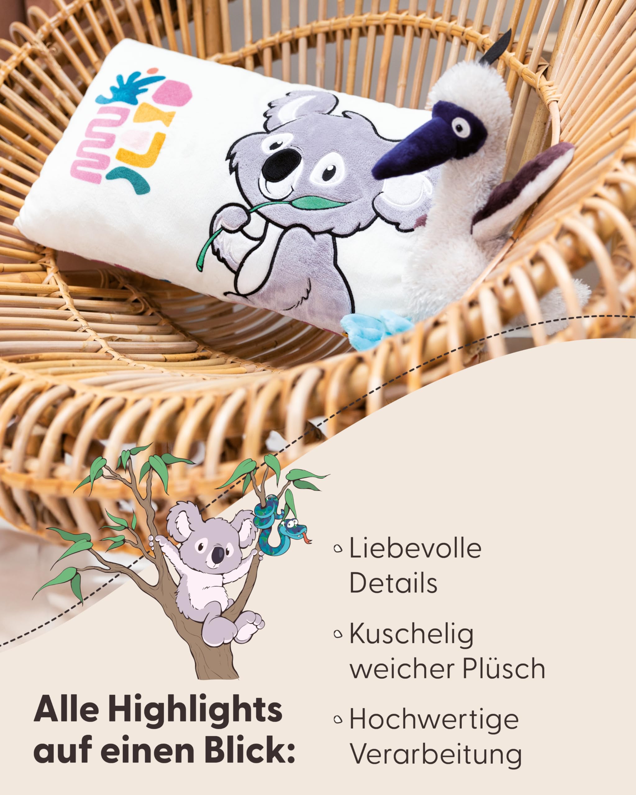 NICI Kissen Koala 43x25cm - beige - Flauschiges Kuscheltierkissen für Jungen, Mädchen, Babys und NICI Kuscheltierliebhaber, Kuschelkissen für Zuhause, Kindergarten oder unterwegs - 61728