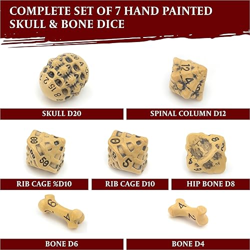 Miniatura 4 de DND Juego de dados  Juego de 7 dados poliédricos de calavera y hueso RPG  D20, D12, % D10, D10, D8, D6 y D4. Regalo genial y único para mazmorras y