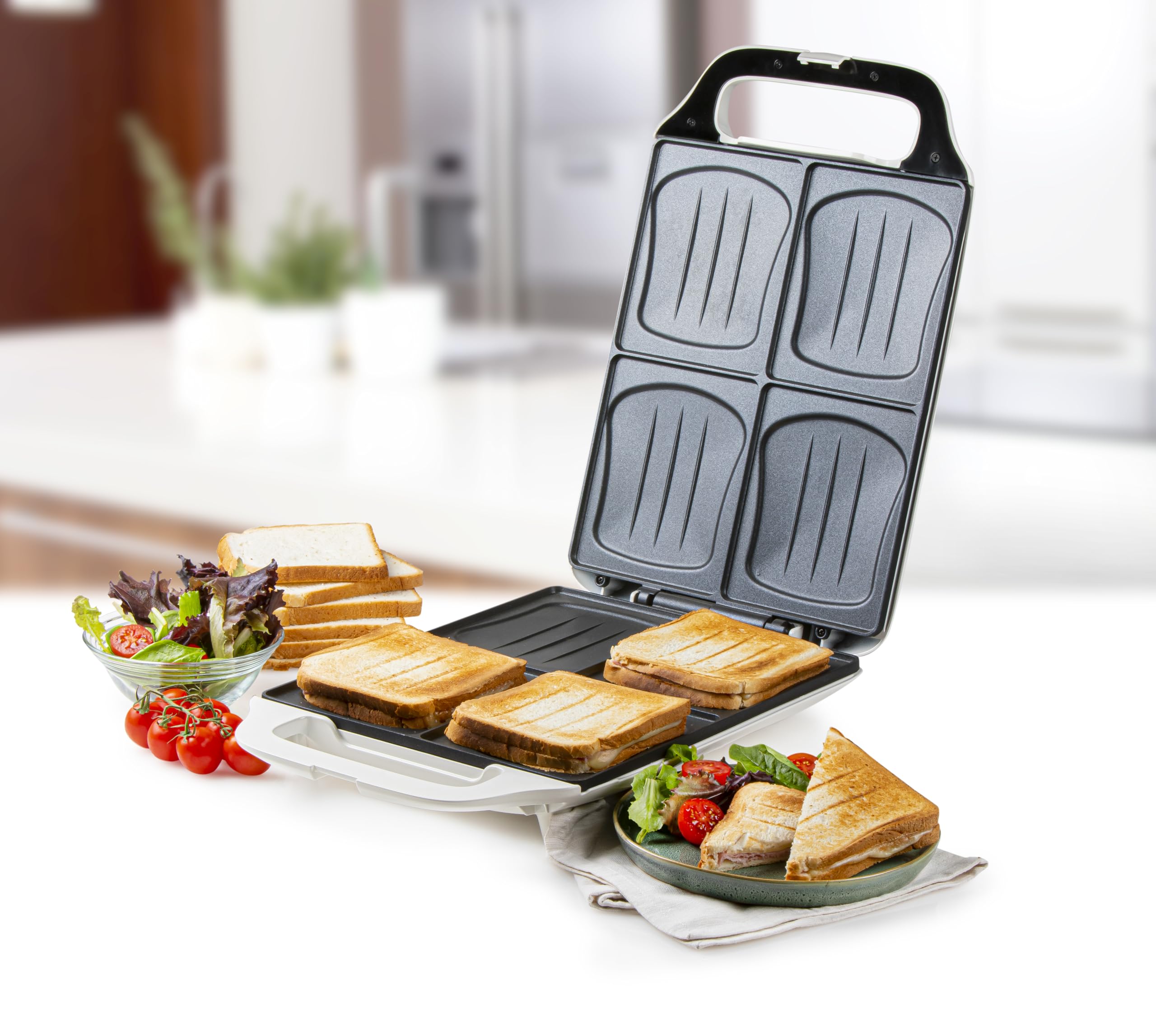 DOMO DO9064C Croque Famille XXL pour 4 grands croques - 1800W - Revêtement antiadhésif - Voyants lumineux - Blanc