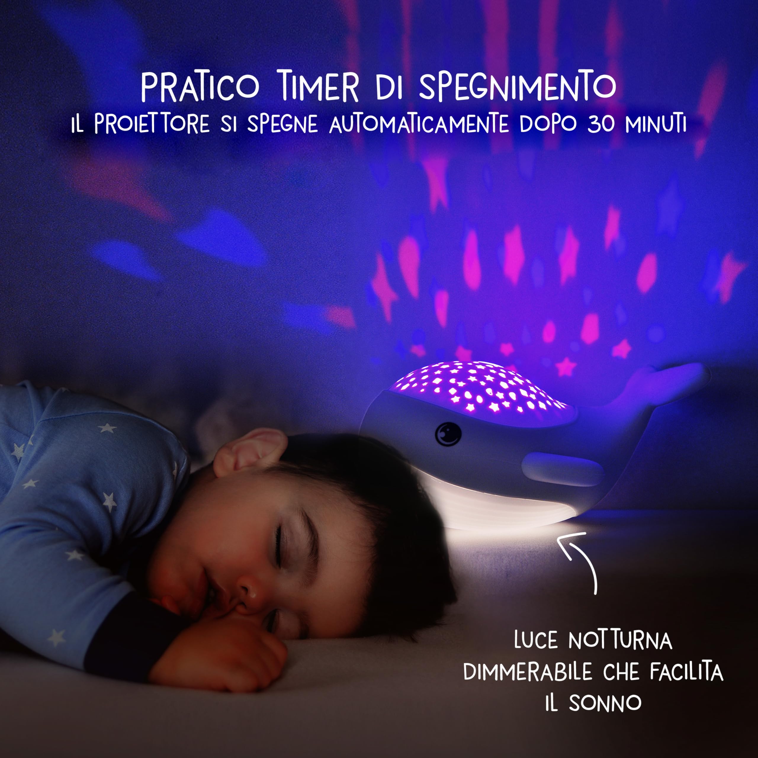 MegaLight Luce notturna Cielo Stellato | Proiettore Cielo Stellato Bebè | luce notturna bianca calda & proiettore di stelle RGB in 3 colori Proiettore di stelle luce notturna per bambini WILLY WHALE