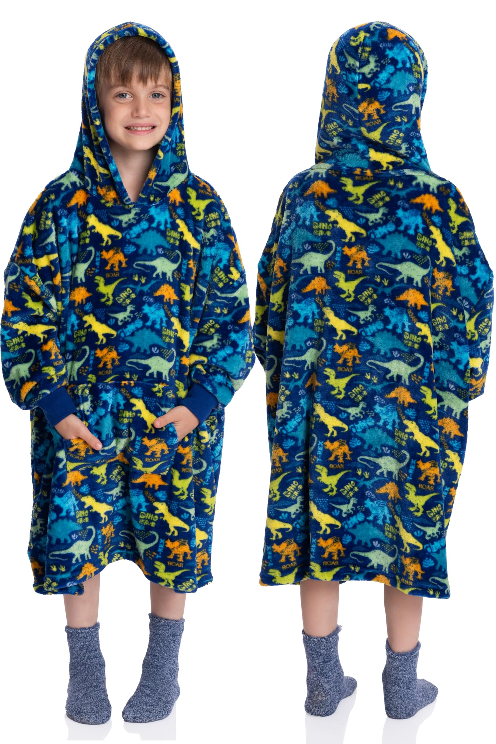 Mad Dog Kids Blanket Hoodie - Wearable Blankets with Cozy Sleeves, Soft Fleece & Sherpa Designs, for Boys & Girls, Ages 4-13, Dinosaurs, 4-7 Years