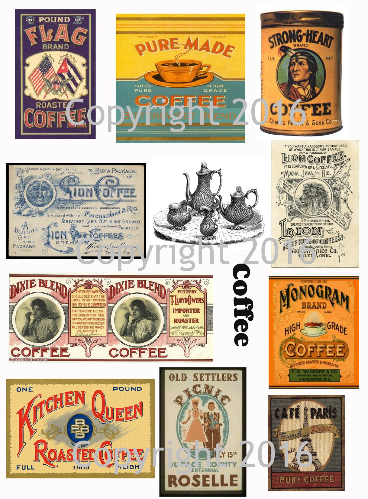 Assorted Vintage Ephemera Coffee Label Images #2 on Collage Sheet for Photo Art, Scrapbooking, Collage, Decoupage