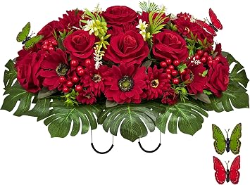 Velvet Cemetery Flower Saddle for Grave Decorations,Headstone Flower Saddle-Red Rose Mum and Berry-Non-Bleed Colors