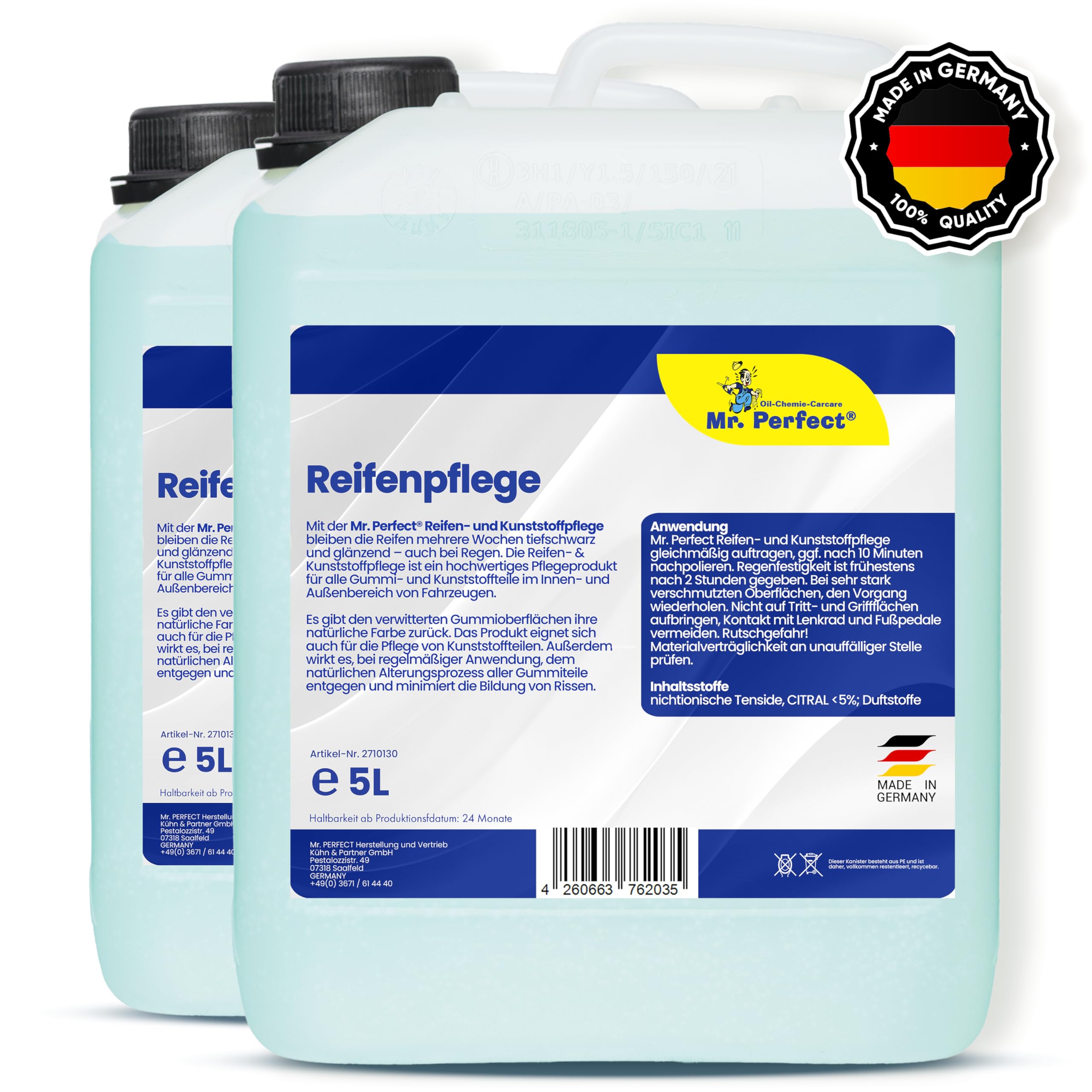 Mr. Perfect® 2x5L Reifenglanz - Auto Kunststoffpflege & Gummipflege für Außen - Schwarz - Reifenpflege für Reifenglanz - Autoreifen Pflege und Reifen Reiniger - Reifenschwarz Auto