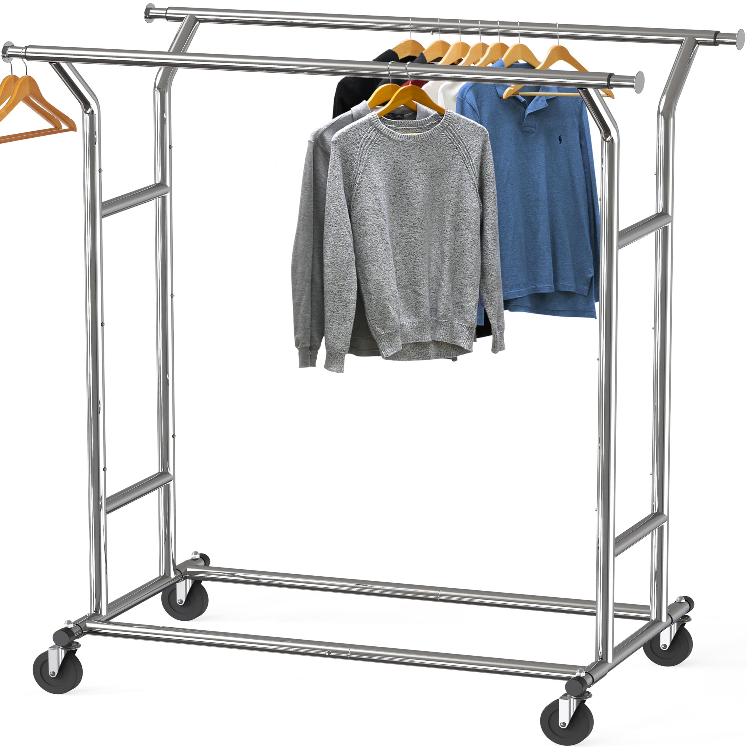 Simple Houseware Heavy Duty Double Rail Clothing Garment Rack, Holds Up to 200 lbs, 43 to 67 Inches Extendable Rod, Chrome