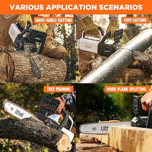 Miniatura 7 de Litheli Motosierra eléctrica sin escobillas de 12 pulgadas, motosierra con 2 baterías de 20 V MAX 2.0 Ah, motosierra inalámbrica de mano con