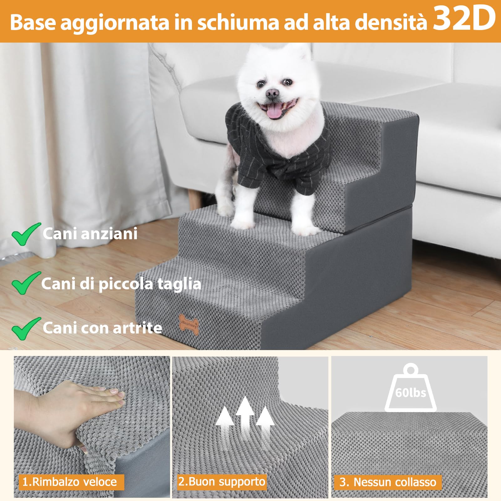 Nepfaivy Scaletta per Cani - Scala per Cani e Gatti per Salire sul Letto, Gradini con Copertura Rimovibile e Lavabile, Grigio, 61x40x45cm