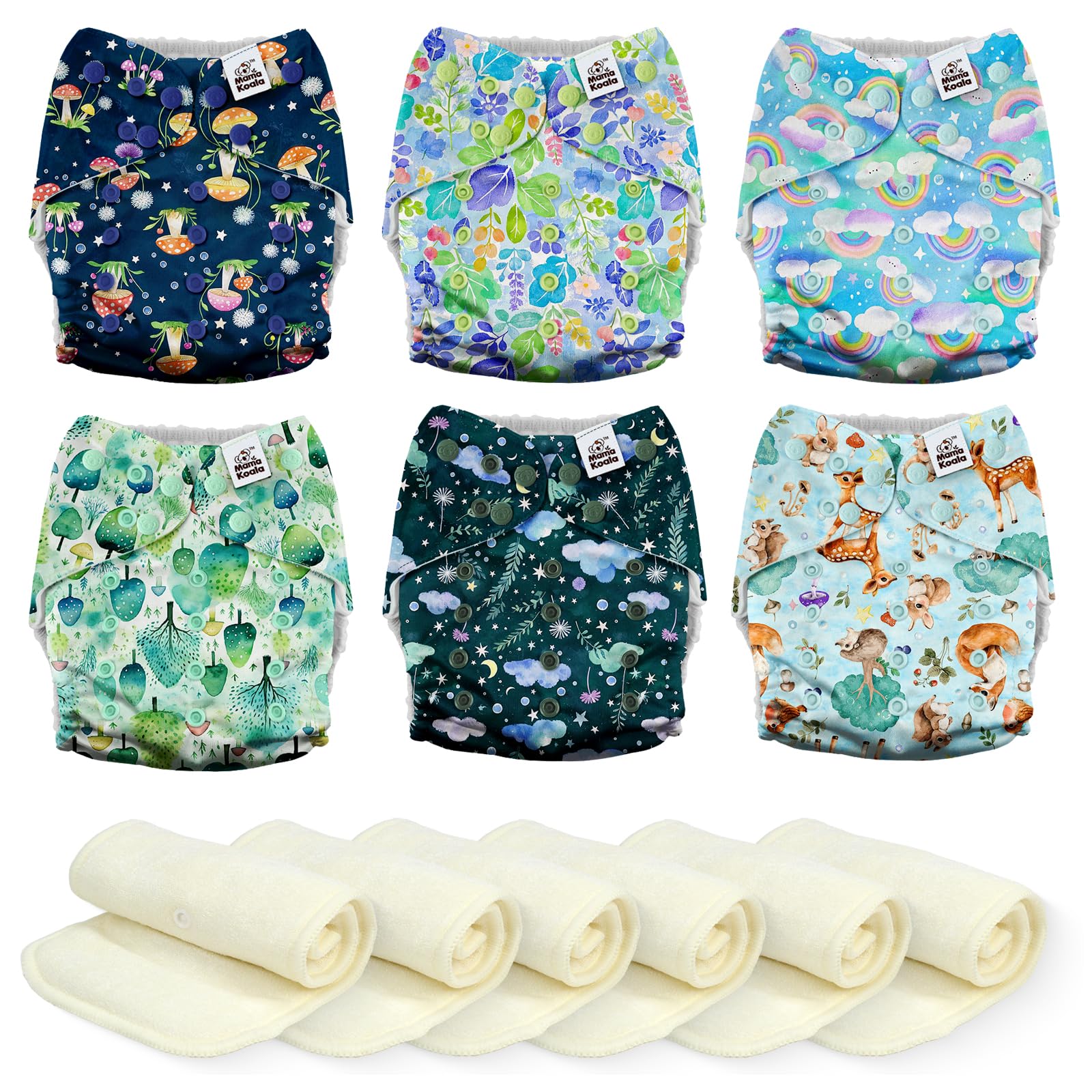 Mama Koala 6 Pack Reusable Cloth Diapers 3.0 for Babies Girls Newborn, One-Size Adjustable Baby Diaper, Durable Stitching, Back Opening for Inserts, Breathable Awj Lining, Leak Prevention-Forest &amp; Sky