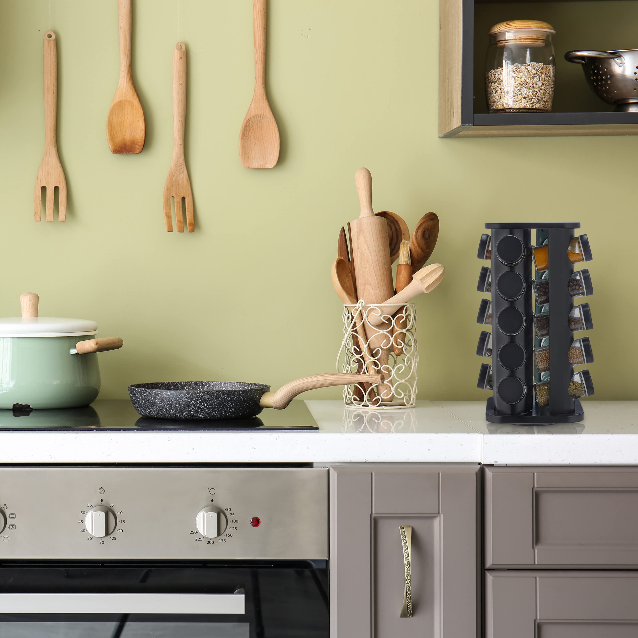 Relaxdays Portaspezie da Cucina Girevole, 20 Barattoli, Organizer Rotante a 360°, HLP: 33,5x20x20 cm, Acciaio Inox, Nero