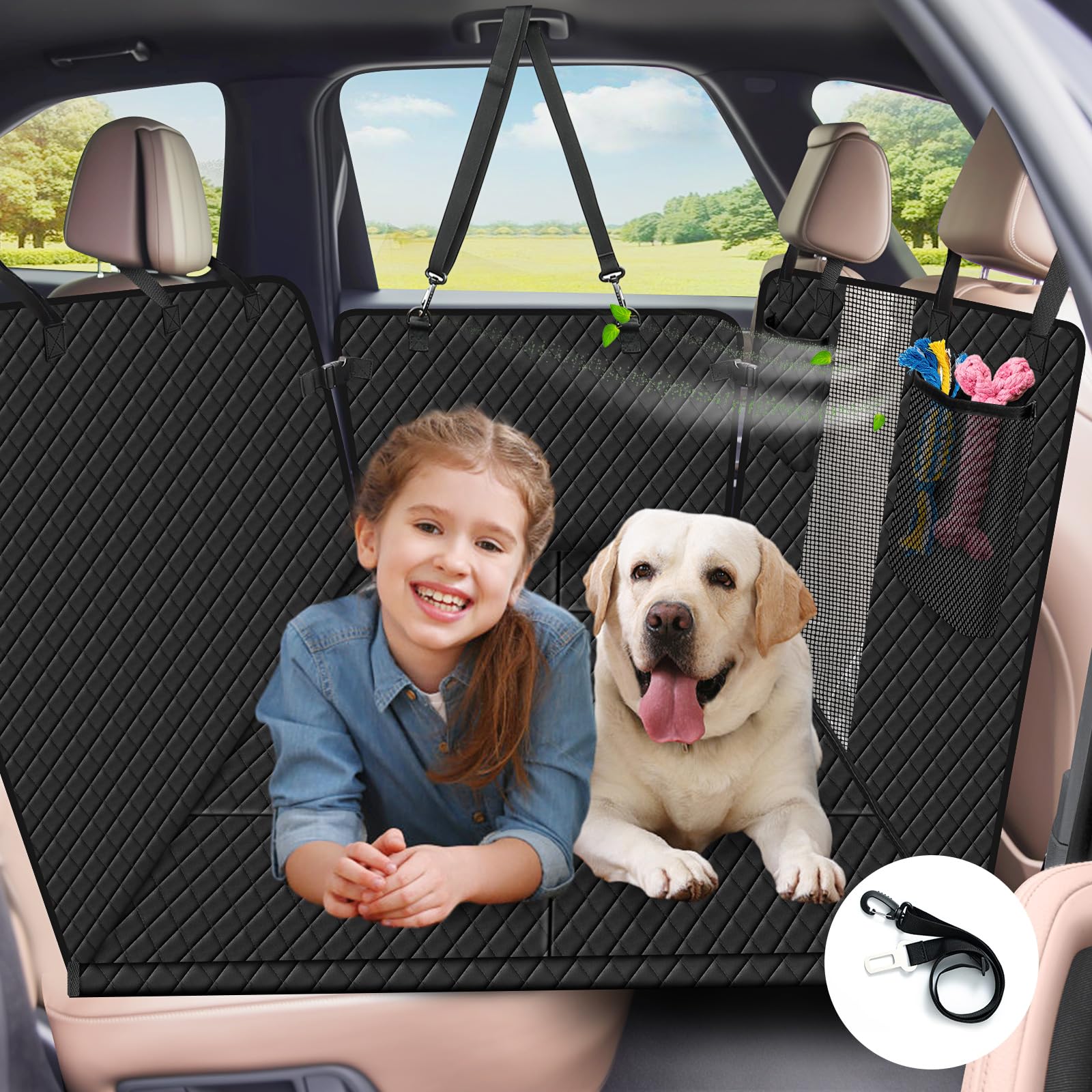 Reiseresa Coperta per cani per auto, sedile posteriore per cani, con robusta tavola in legno duro e cinture di sicurezza, impermeabile, per tutte le auto, SUV, colore nero