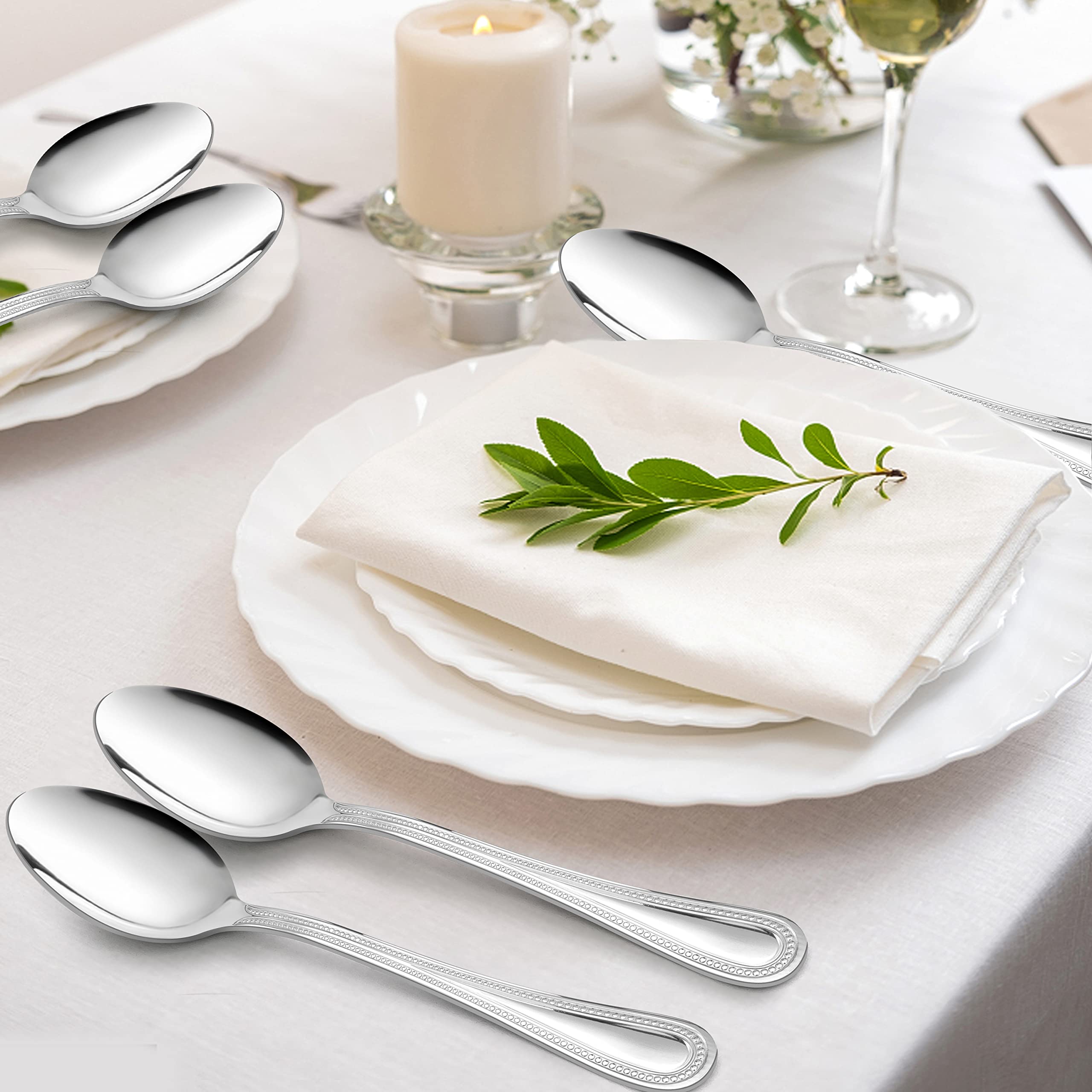 E-far - Juego de 12 cucharas de cena de acero inoxidable con borde perlado para el hogar/cocina/restaurante, pulido espejo y apto para lavavajillas, 7.9 pulgadas