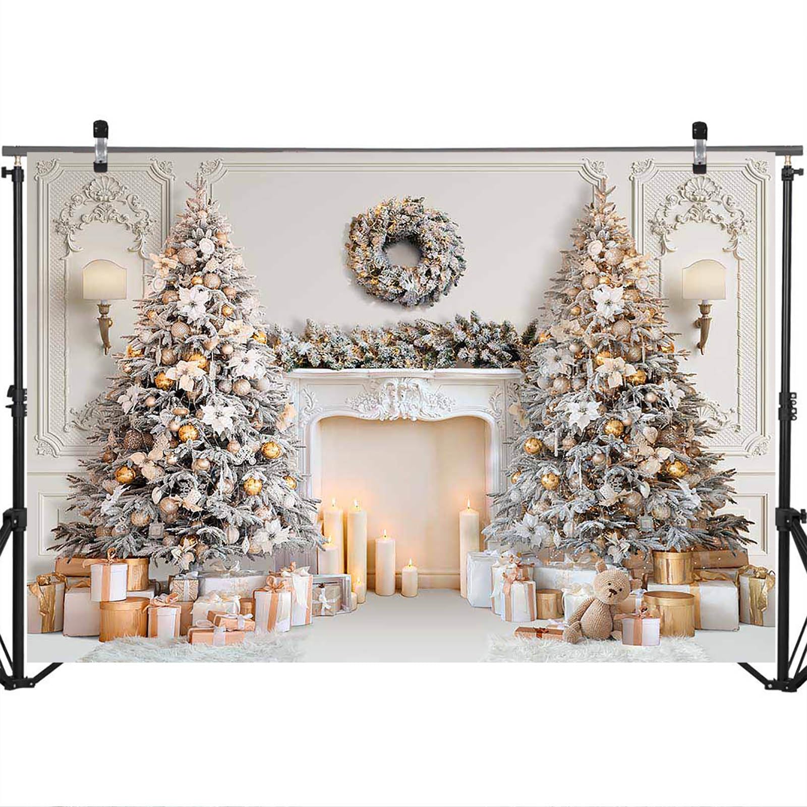Avezano Sfondo natalizio con caminetto bianco invernale con albero di Natale, decorazioni per feste di famiglia e accessori per cabina fotografica (3 x 2,1 m)