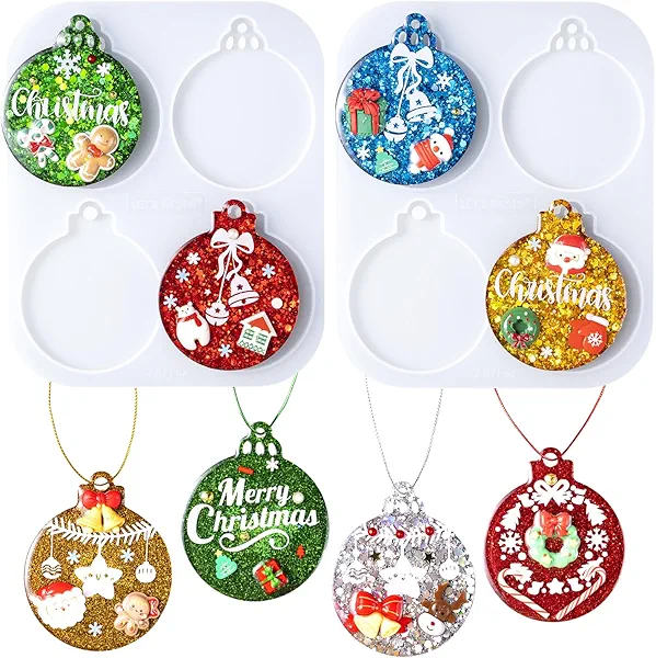 LET'S RESIN Christmas Resin Molds Each 2.4 Inch, Christmas Ornament Resin Molds Silicone with 20 Pcs Lanyards,8 Round Cavities Silicone Molds for Christmas Tree Decor, Xmas Gifts
