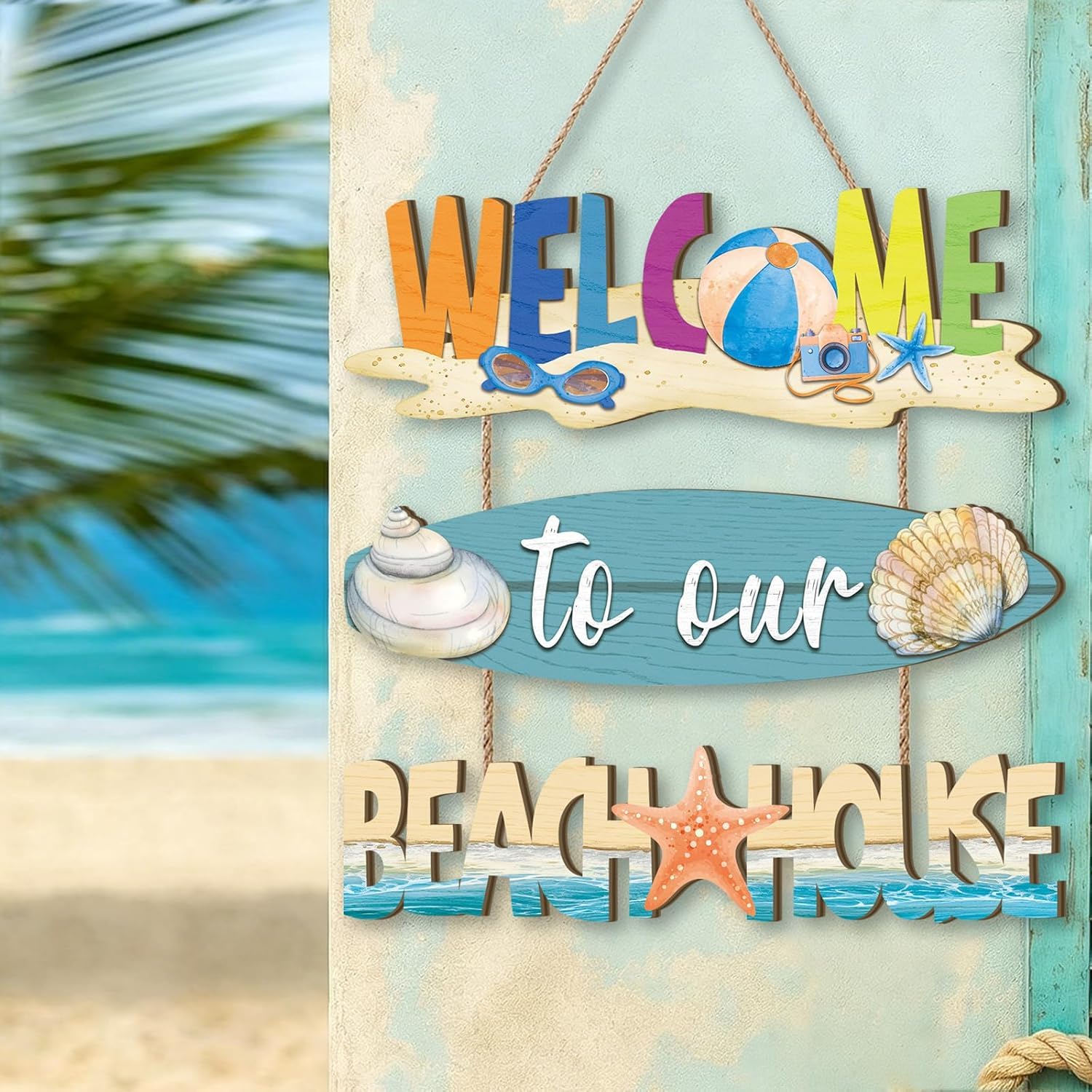 Celestdeco Coastal Beach Welcome Sign Rustic Wooden Door Plaque Porch Decor โ image 1