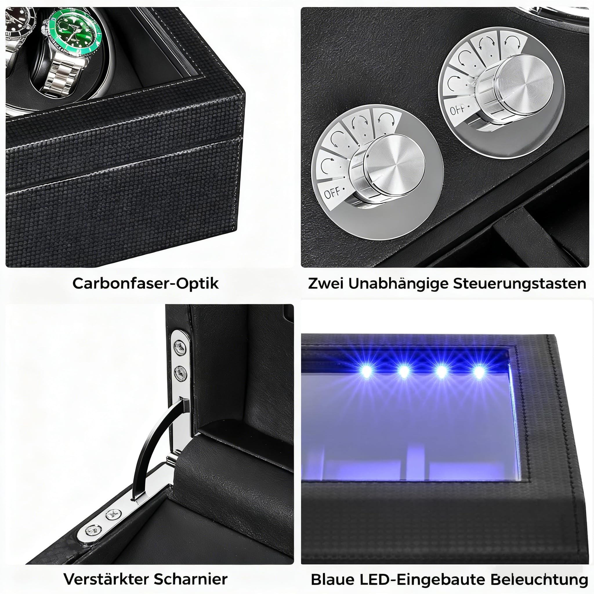 ANWBROAD Uhrenbeweger 4 Uhren+6 extra Speicherplätze Uhrendreher Automatikuhren 4 Drehmodis mit Super Leisem Mabuchi Automatik Uhrenbeweger Watch Winder Uhrendreher Karbonfaser USB-Aufladung JWW002F