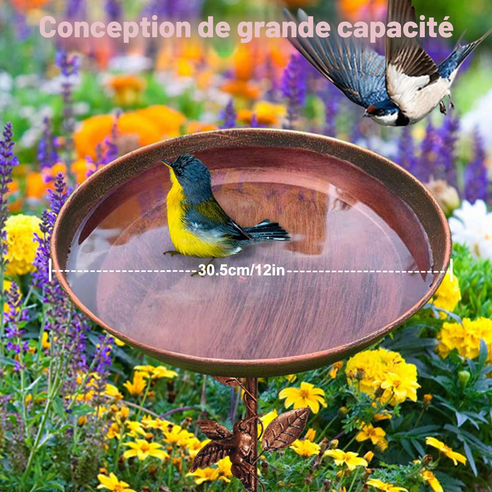 35 pouces Abreuvoir pour oiseaux debout, bain d'oiseaux pour le jardin, bain d'oiseaux en métal vintage autoportant avec base stable à 5 branches, abreuvoir pour oiseaux grand résistant au