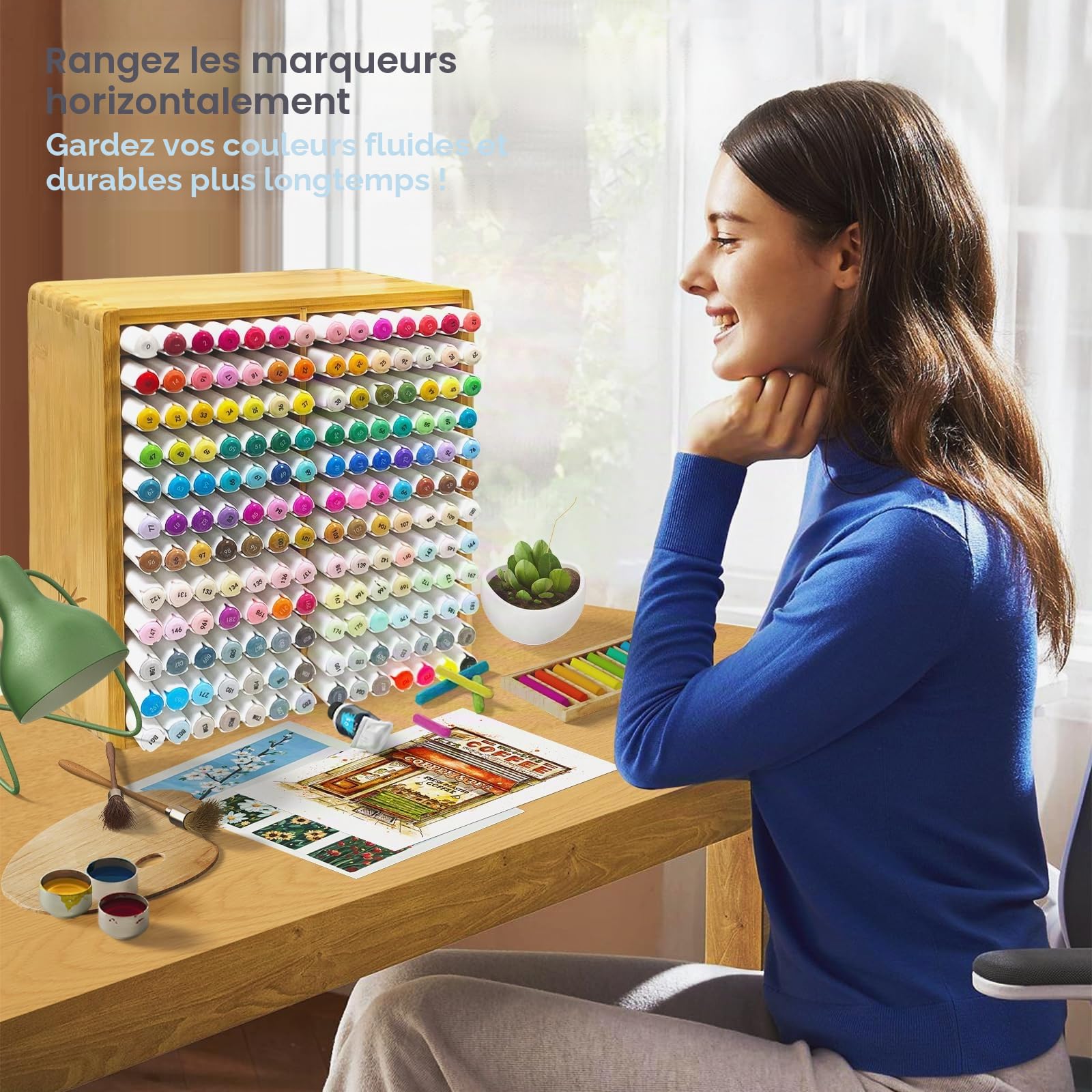 Organiseur de bureau en bambou pour 168 marqueurs stylos crayons pinceaux artistiques