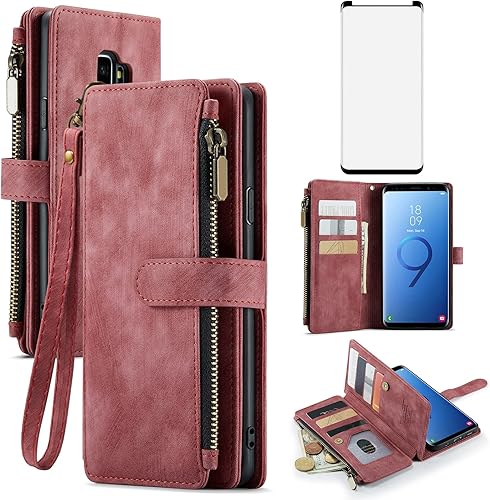 Asuwish Funda de teléfono para Samsung Galaxy S9 Plus, funda de cartera y protector de pantalla de vidrio templado, soporte de cuero para tarjetas