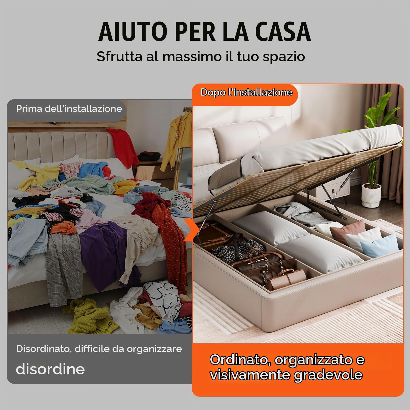 VEVOR Sollevatore per Letto, Dimensioni Letto Compatibili 1500 x 1800 mm Kit Hardware Meccanico per Letto Murphy, Carico 70 kg Leva Pneumatica, Supporto Letto per Carichi Pesanti, Camera degli Ospiti