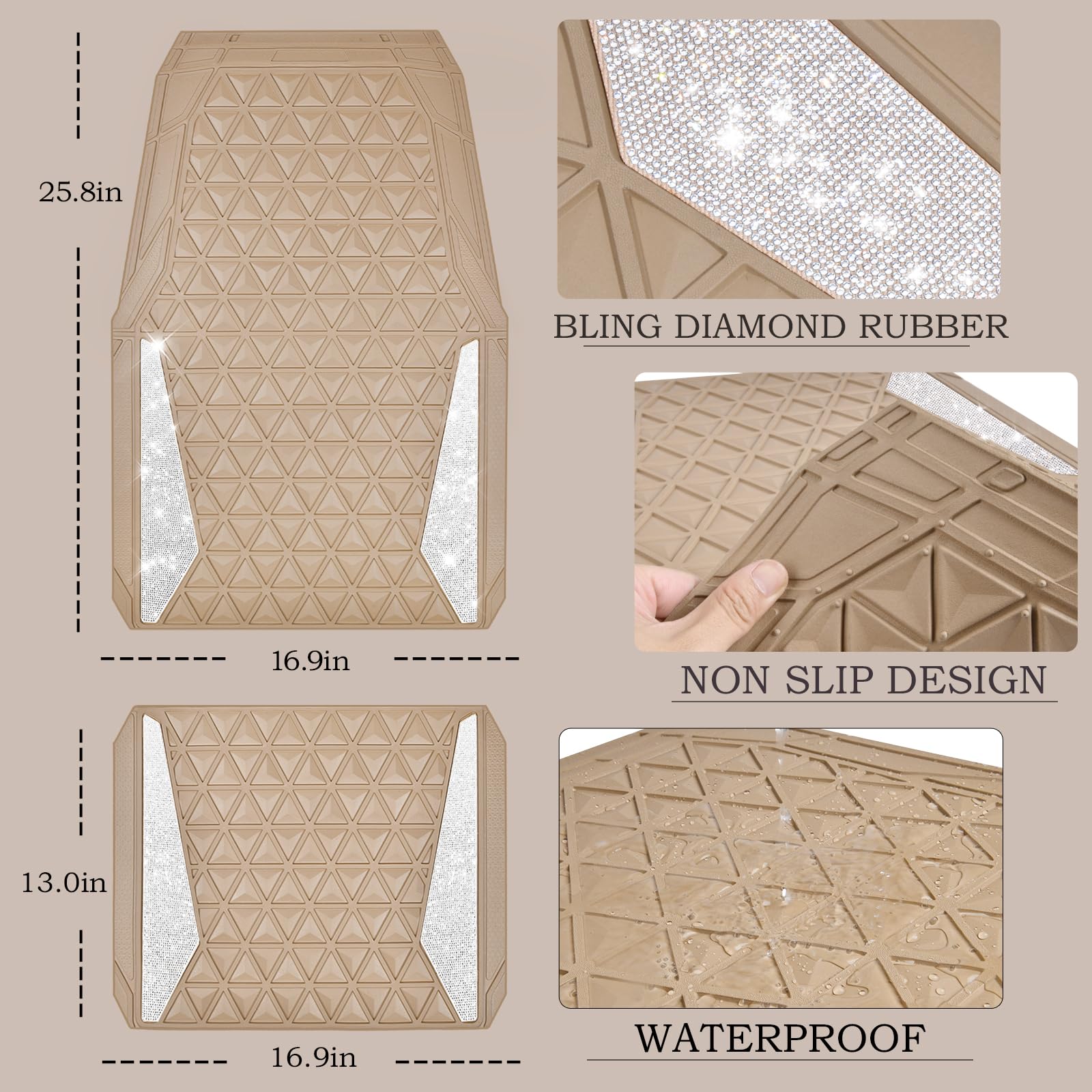 CAR PASS Bling Diamond Car Mats Rubber Floor Mats Full Set Anti-Slip 3D Rhombus Waterproof Trim to Fit Liner Universal Glitter Crystal Sparkly Shining Rhinestone Girl Women SUV Sedan Van, Black Red