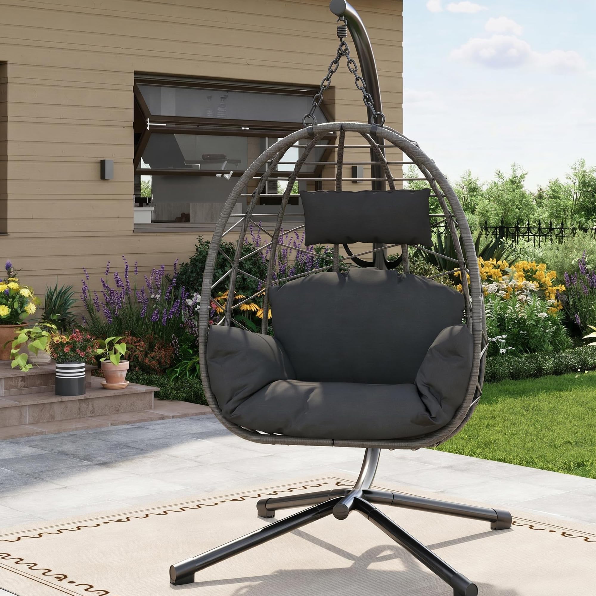 GarveeLife Altalena giardino esterno - Sedia sospesa con supporto completamente metallico, sedia a uovo sospesa con capacità di 150 kg, include cuscini relax per giardino, balcone, patio, colore