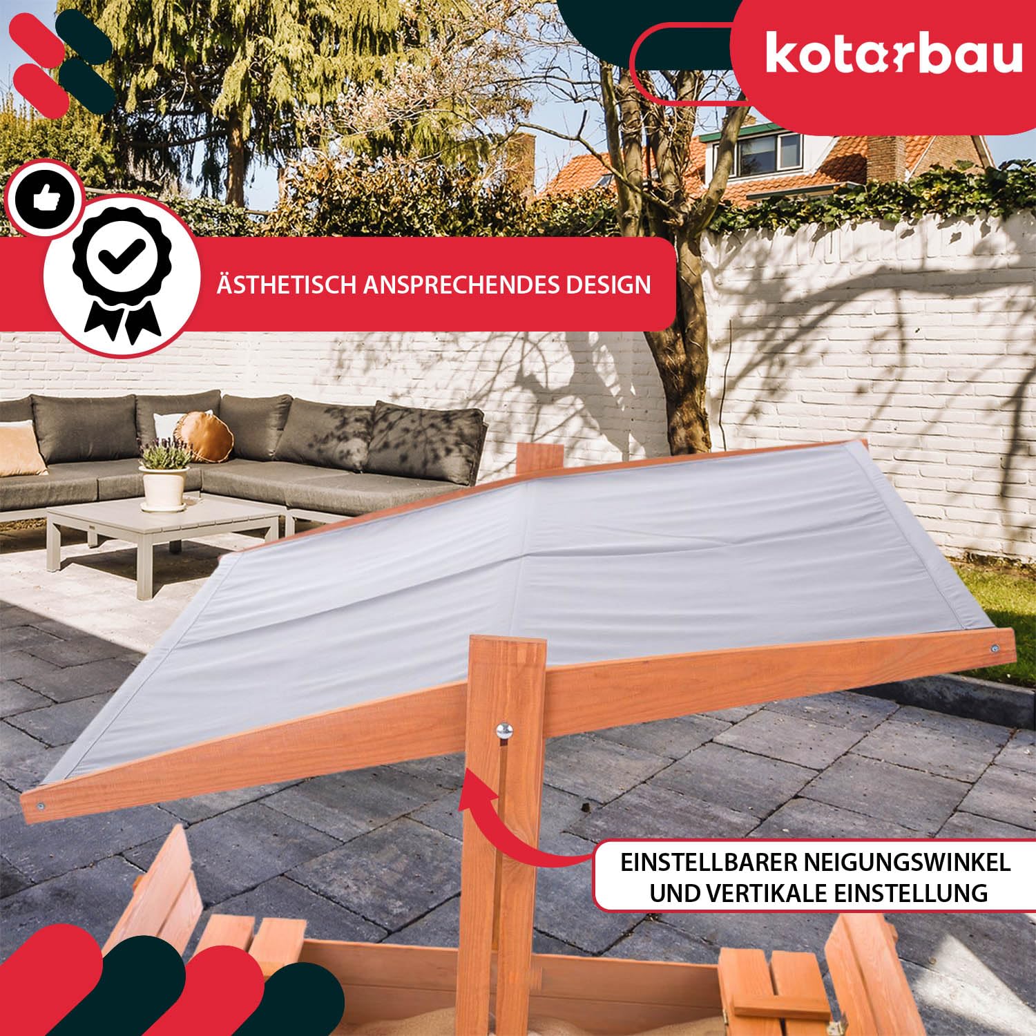 KOTARBAU® Arenero Infantil - Madera - 140 x 140 cm - Marrón - Arenero con Tapa - y Bancos - con Techo Gris - Protección Solar - Cajón de Arena - Zona de Arena Infantil