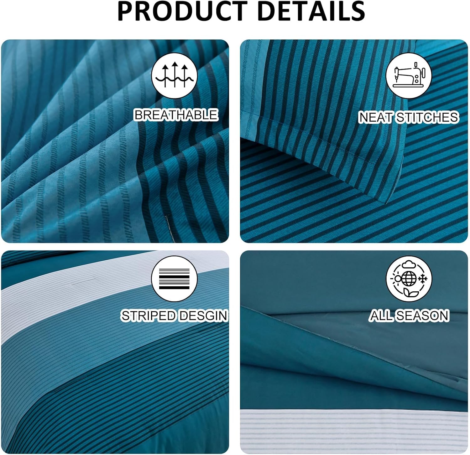 Teal Blue Queen Comforter Set, Blue Striped Bed in a Bag Soft Bedding Set All Season Patchwork Bed Set Microfiber 7 Piece Filling Comforter, Flat/Fitted Sheets and Pillowcase 90"x90" - Image 5