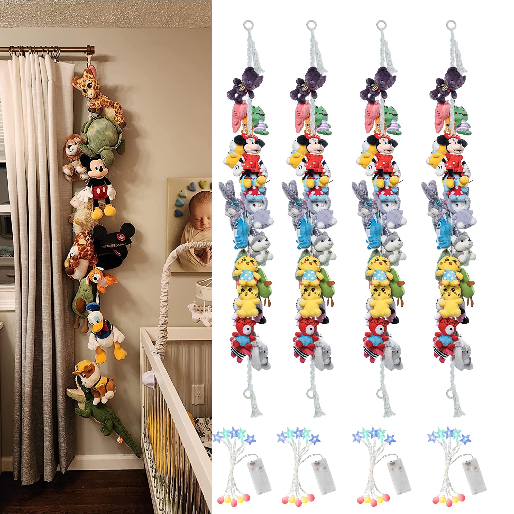 80" 4 Pack Cotton Hanging Storage Chain for Stuffed Animals Storage with 4 Pcs Led Light 40 Metal Clips Stuffed Animal Organizer Chain for Wall Corner Nursery Play Room (4PcsWhite)