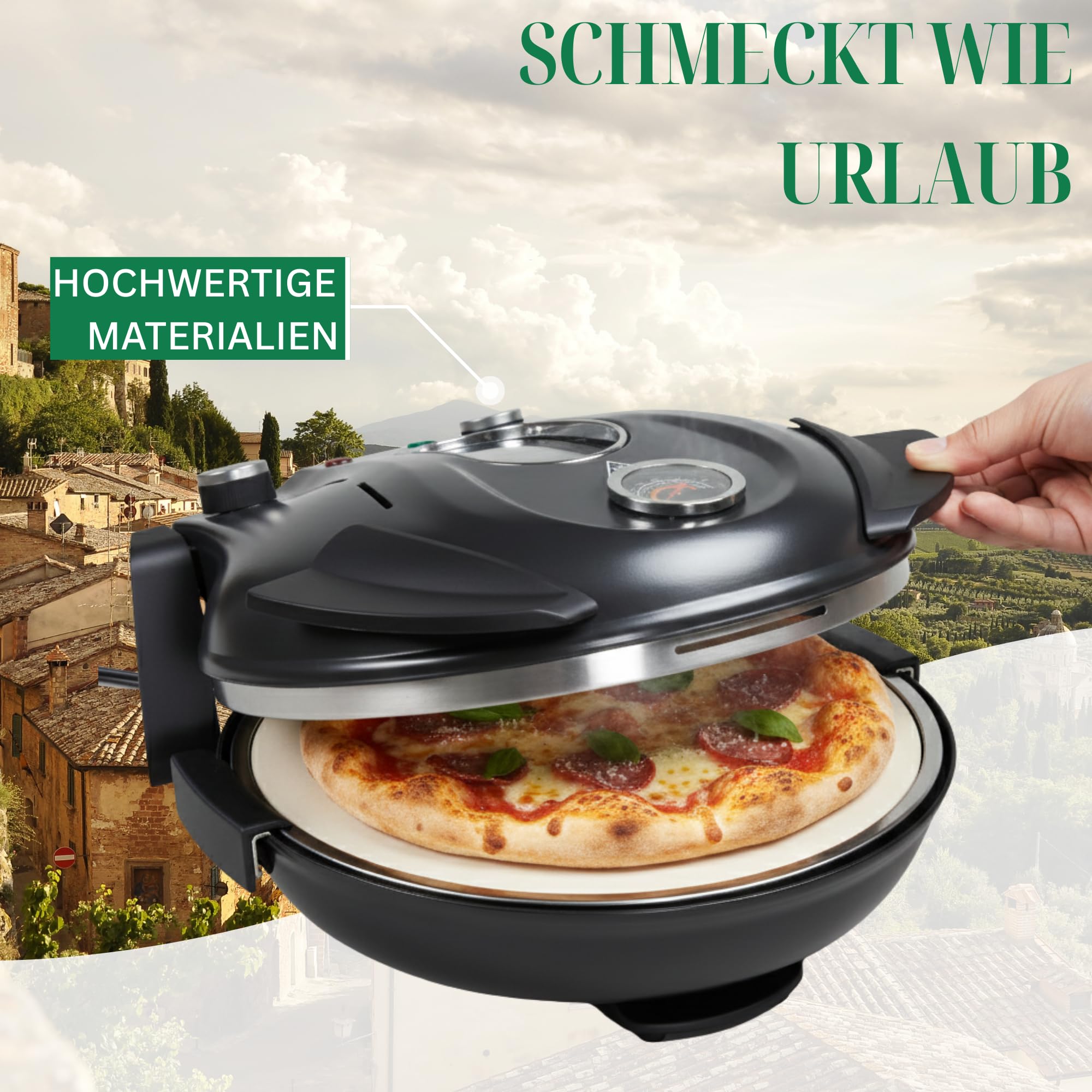 Sommertal PizzaProfi 400°C Elektrischer Pizzaofen mit Pizzastein – Ober-/Unterhitze, 5 Temperaturstufen, Temperaturanzeige