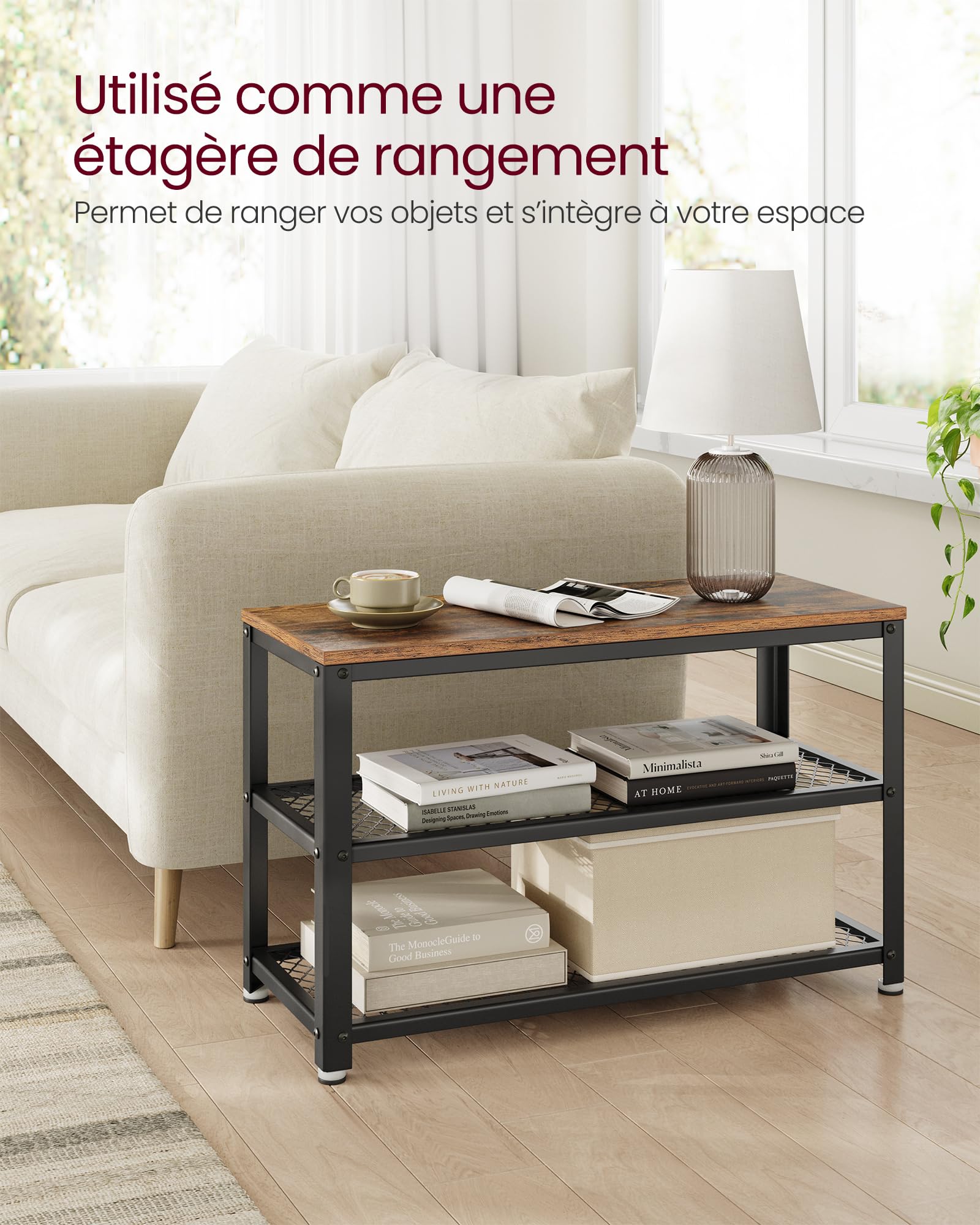 VASAGLE Banc à chaussures, Étagère de rangement à 2 niveaux, Organisateur, à chaussures, 73 x 30 x 45 cm, pour entrée, salon, cadre en acier, style industriel, Marron Rustique et Noir LBS73X