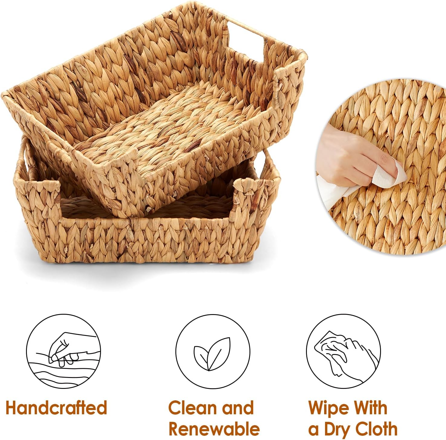 Wicker Baskets 2 Pack, Water Hyacinth Wicker Storage Basket with Handles, Pantry Baskets Organization and Storage, Handmade Large Wickers Baskets for Organizing, Natural - Image 7