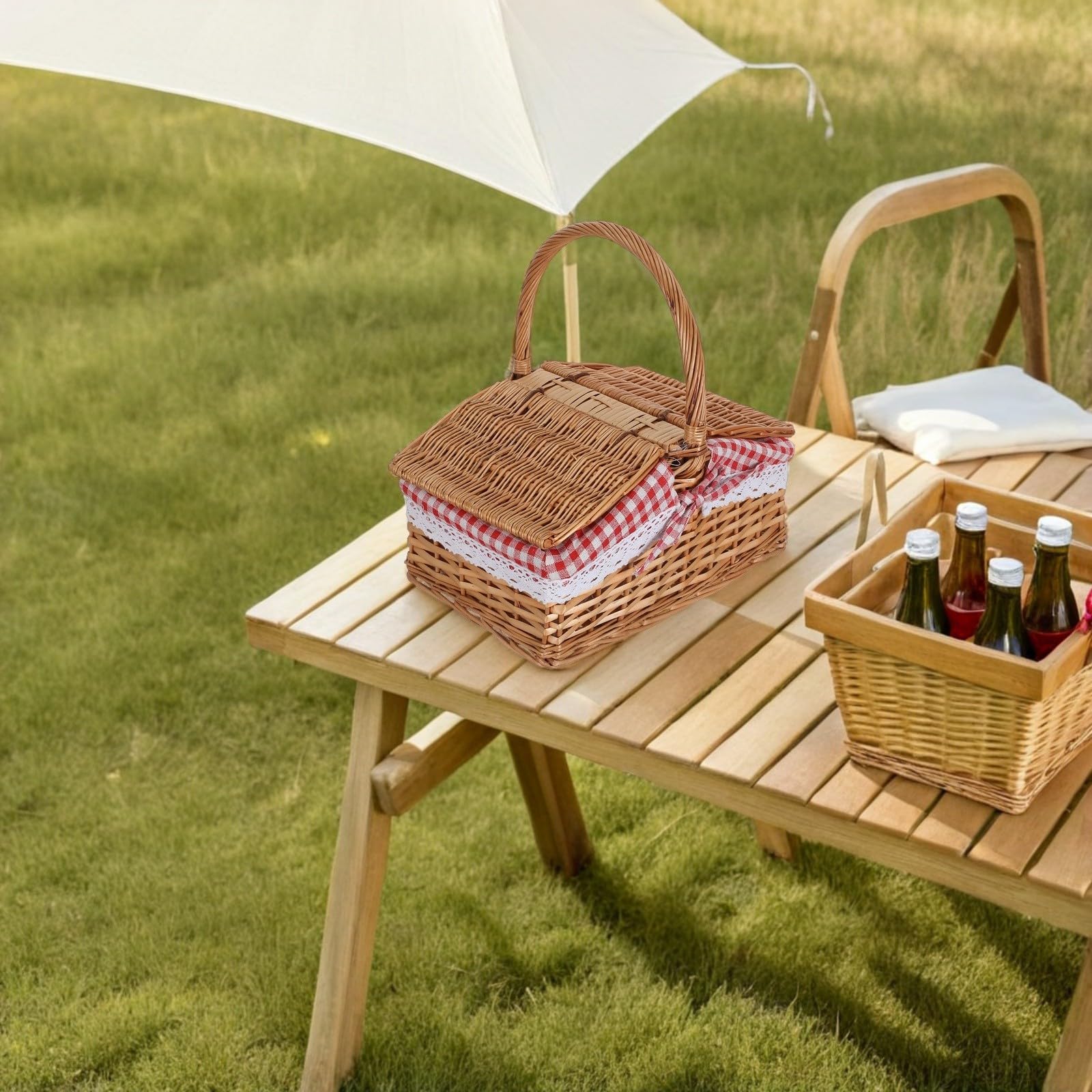 Cesta de Picnic de Mimbre con Asa y Forro Extraíble, 29x20x12 Cm