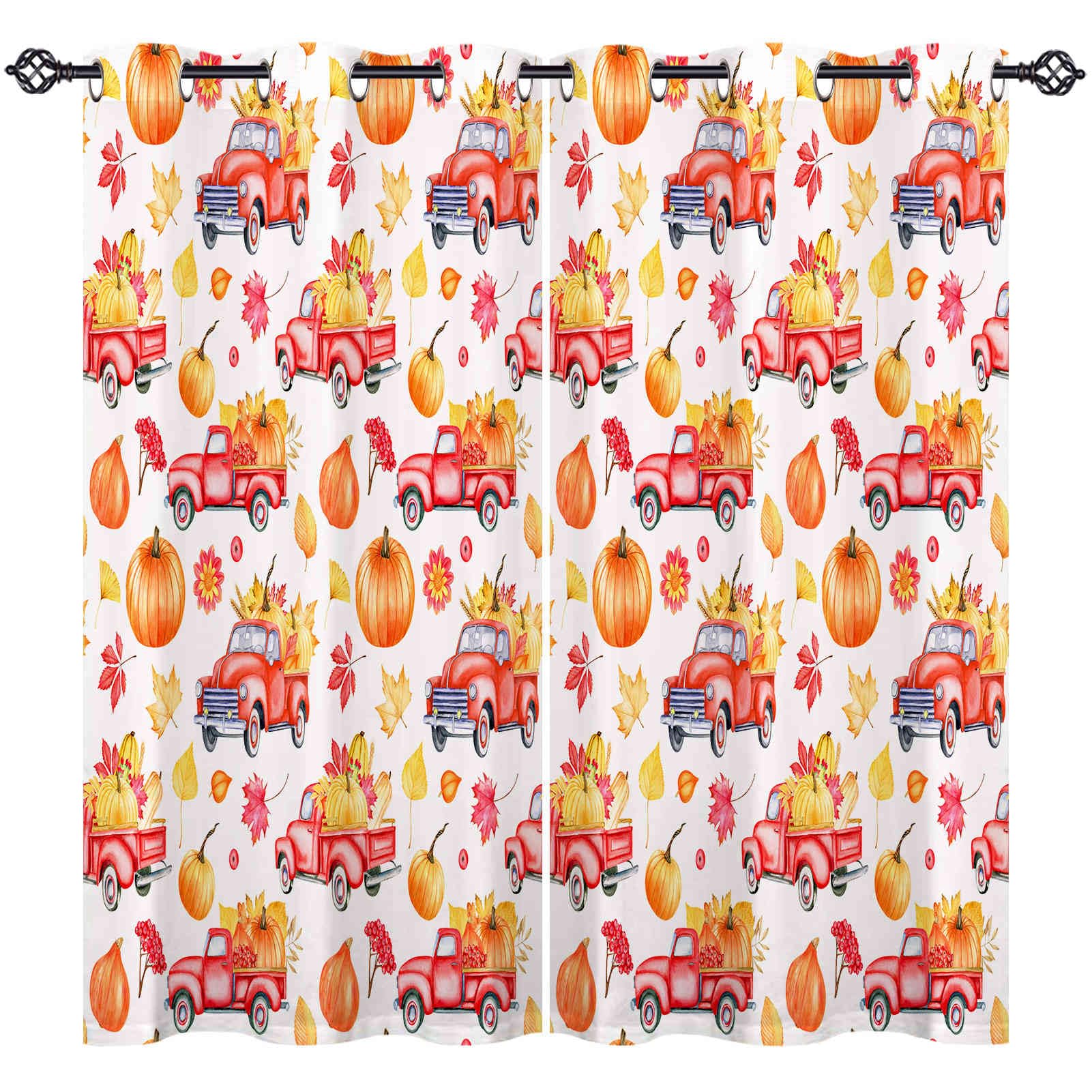 ANHOPE Fall Curtains Eyelet 80% Blackout Room Darkening Curtains with Autumn Red Truck Pumpkin Yellow Leaf Print Pattern Light Blocking Window Drapes for Bedroom Living Room 55 x 69 Inch Drop 2 Panels
