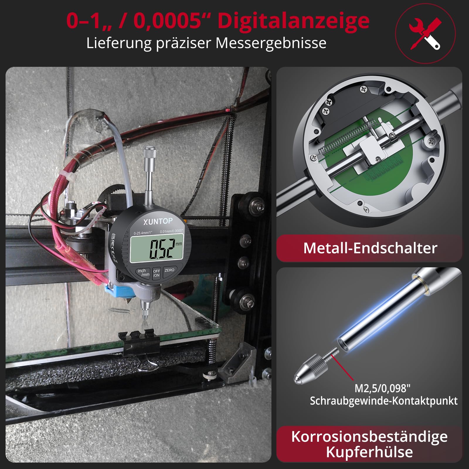 XUNTOP Digitale Messuhr Set 0–1 Zoll/25,4 mm mit Magnetfuß 176lbs (80 kg) Präzise digitale Messuhr Einheitenumrechnung Nullstellungsfunktion, LCD-Anzeige für Werkstatt & Maschinenjustierung