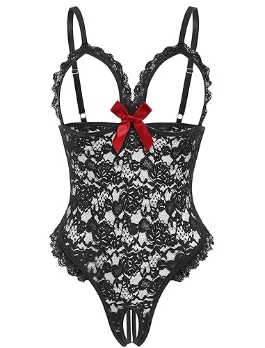 Avidlove One Piece Lingerie Sexy Teddy Ruffle V Neck Bodysuit Lace Nightie - Medium - Black