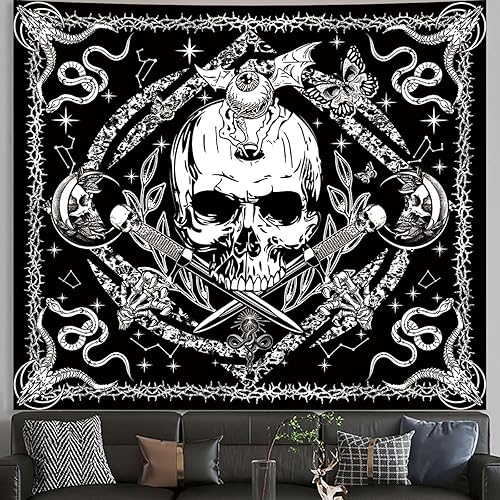 Tapiz de calavera en blanco y negro, decoración gótica para el hogar para dormitorio, esqueleto negro, mariposa, decoración gótica de serpiente, disponible en Yaxa El Salvador