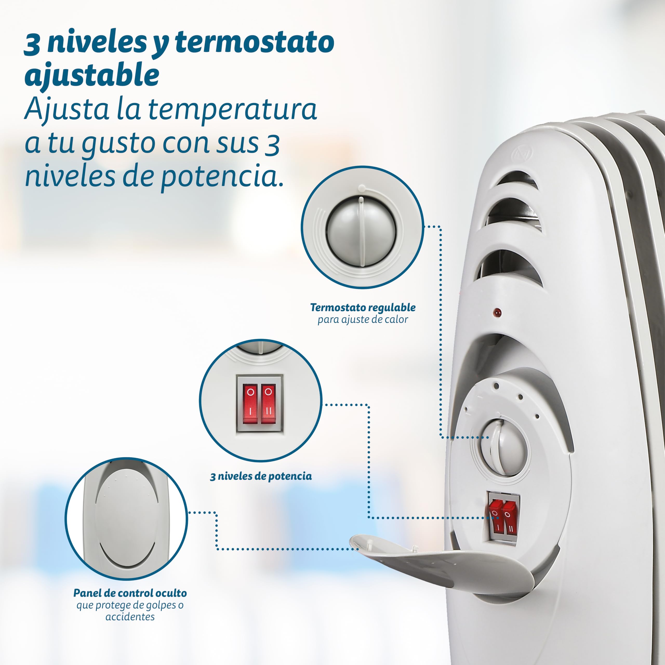 Grunkel - RAC-9EFIHEAT - Radiador de Aceite con 9 Elementos y 3 Niveles de Calor. con termostato Regulables y protección contra sobrecalentamiento. Base con Ruedas - Medidas: 34 x 14 x 58cm - 2000W
